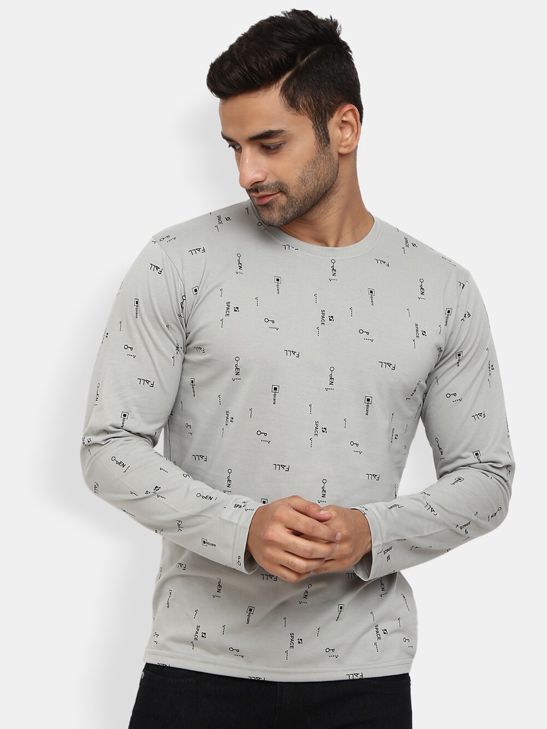 

V-Mart Conversational Printed Slim Fit Cotton Casual T-Shirt, Grey