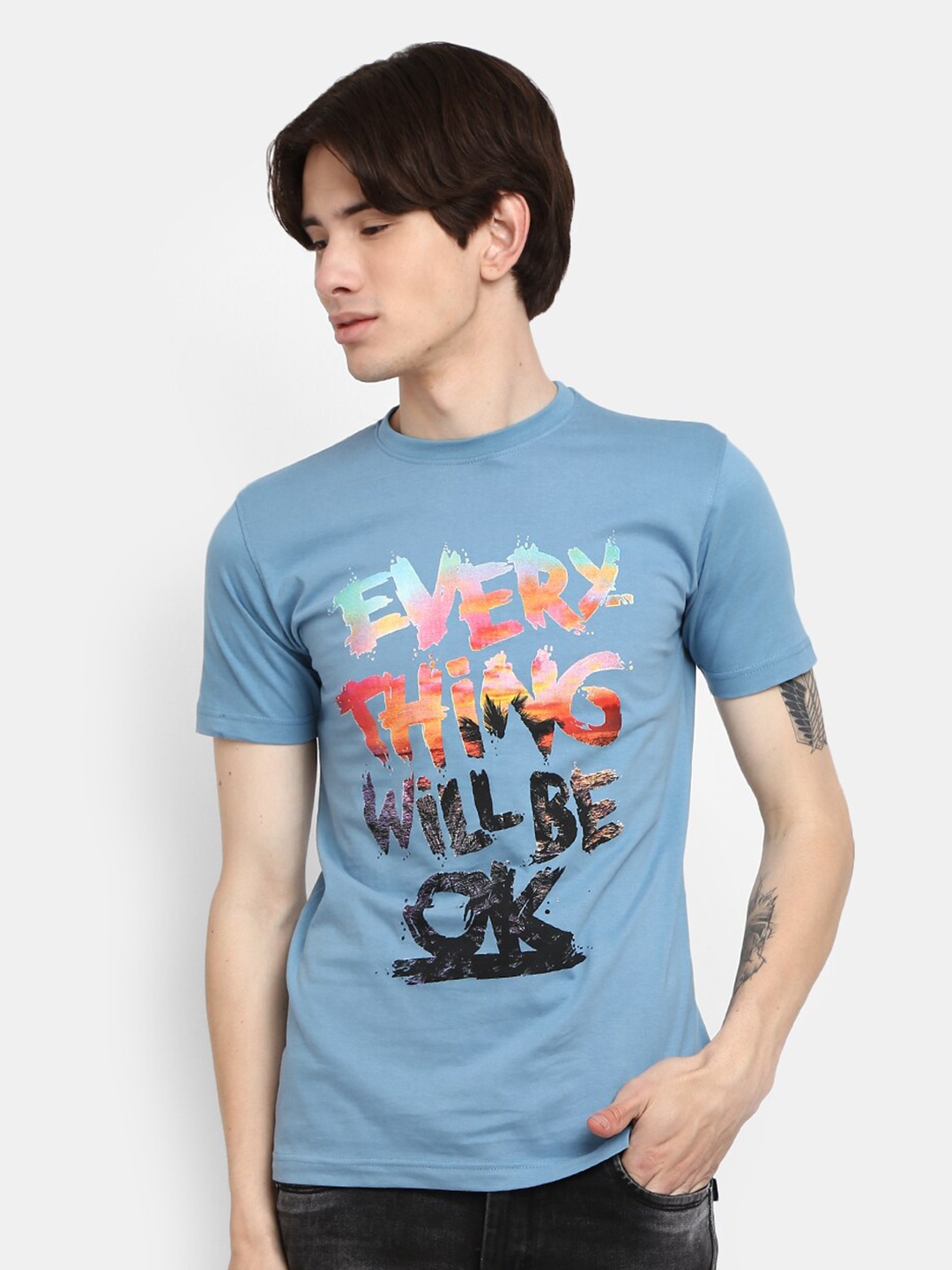 

V-Mart Typography Printed Slim Fit Cotton T-Shirt, Blue