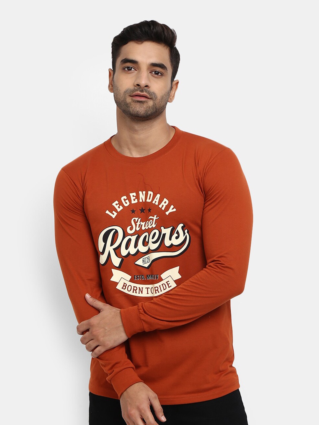 

V-Mart Typography Printed Long Sleeves Cotton Slim Fit T-shirt, Rust