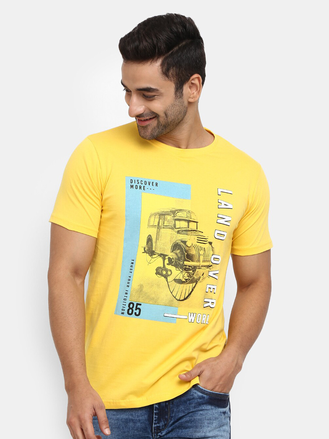 

V-Mart Typography Printed Slim Fit Cotton T-shirt, Yellow