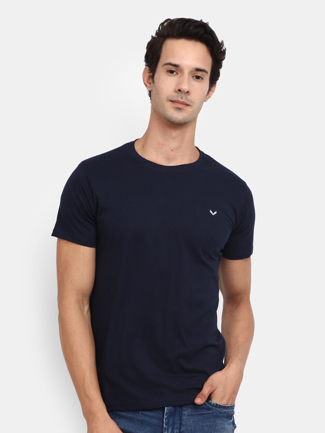 

V-Mart Round Neck Slim Fit Cotton T-shirt, Navy blue