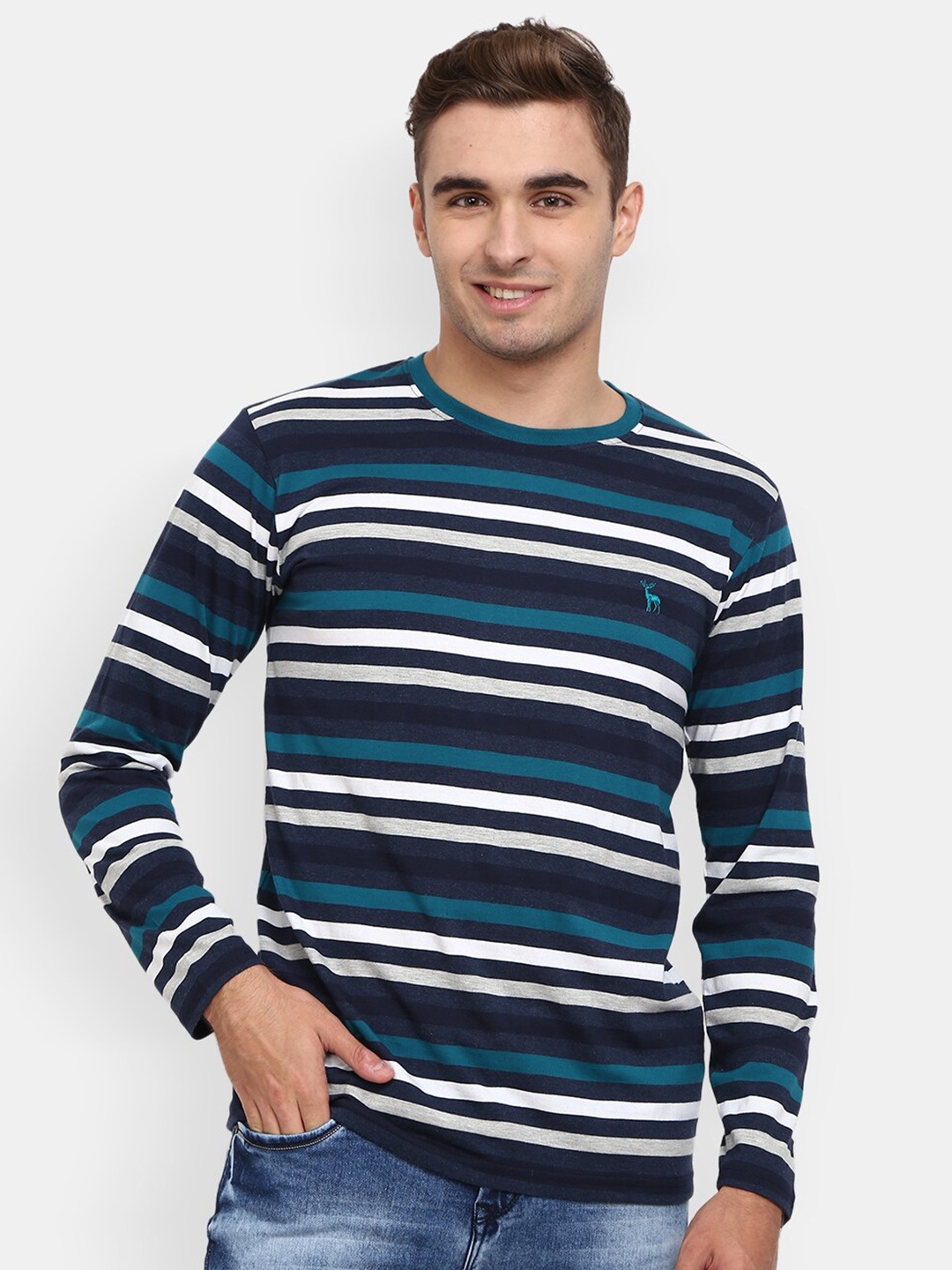 

V-Mart Striped Round Neck Long Sleeves Cotton Slim Fit T-shirt, Navy blue