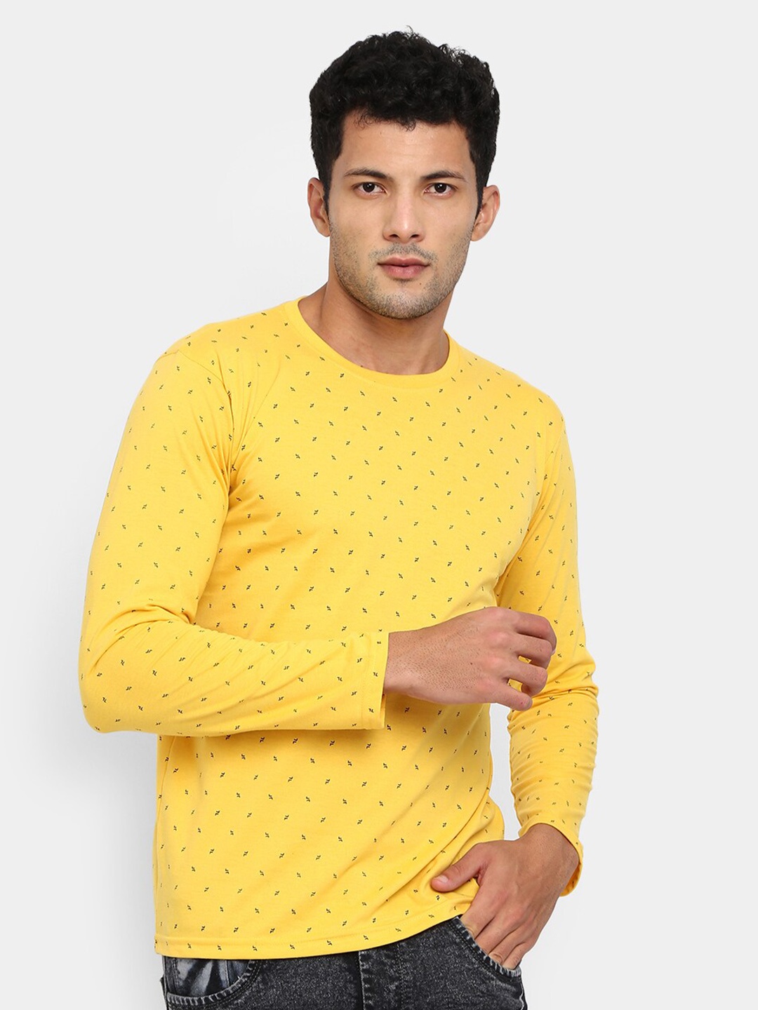 

V-Mart Micro Ditsy Printed Round Neck Slim Fit Cotton T-shirt, Yellow