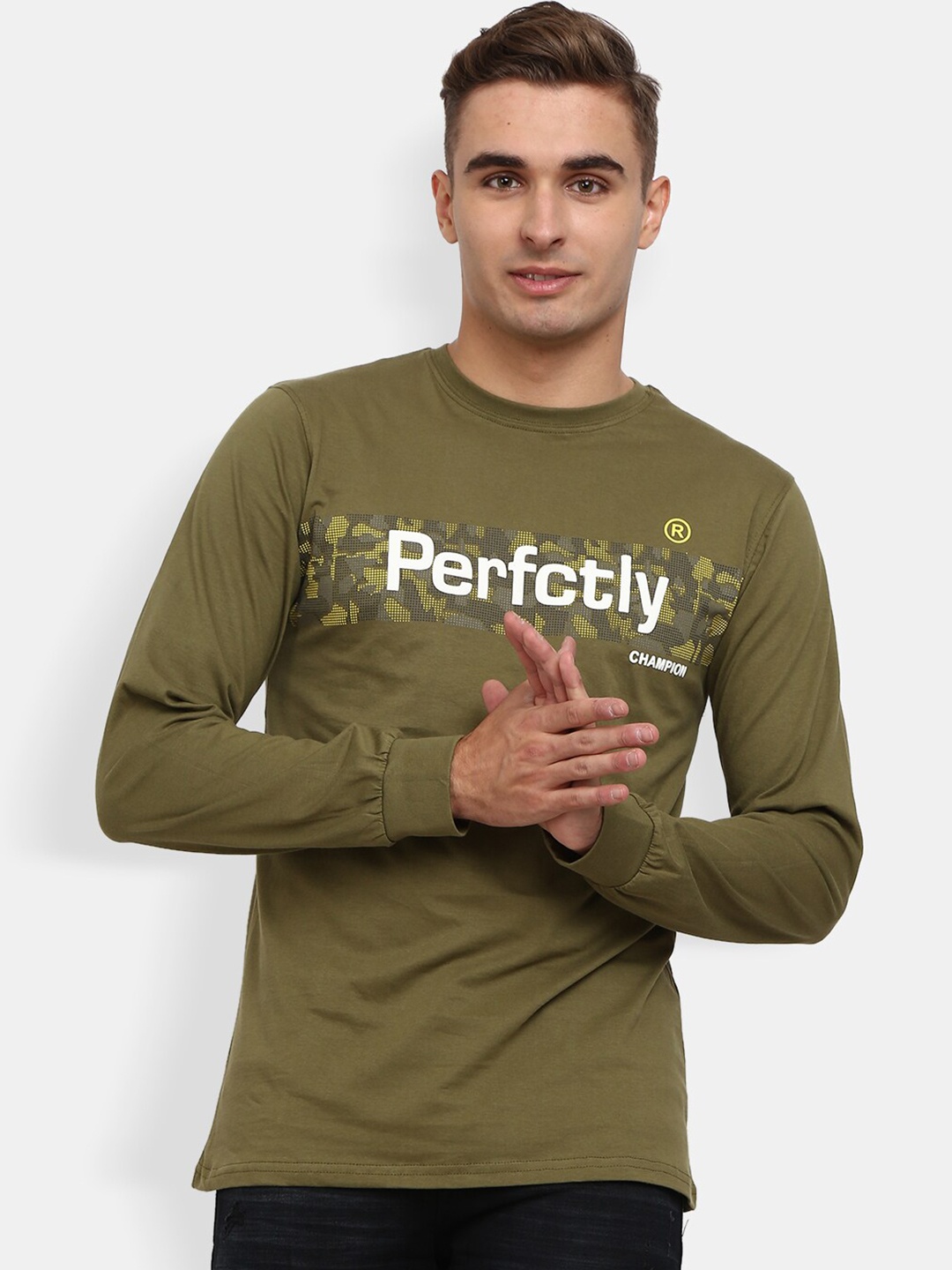 

V-Mart Typography Printed Round Neck Long Sleeves Cotton Slim Fit T-shirt, Olive