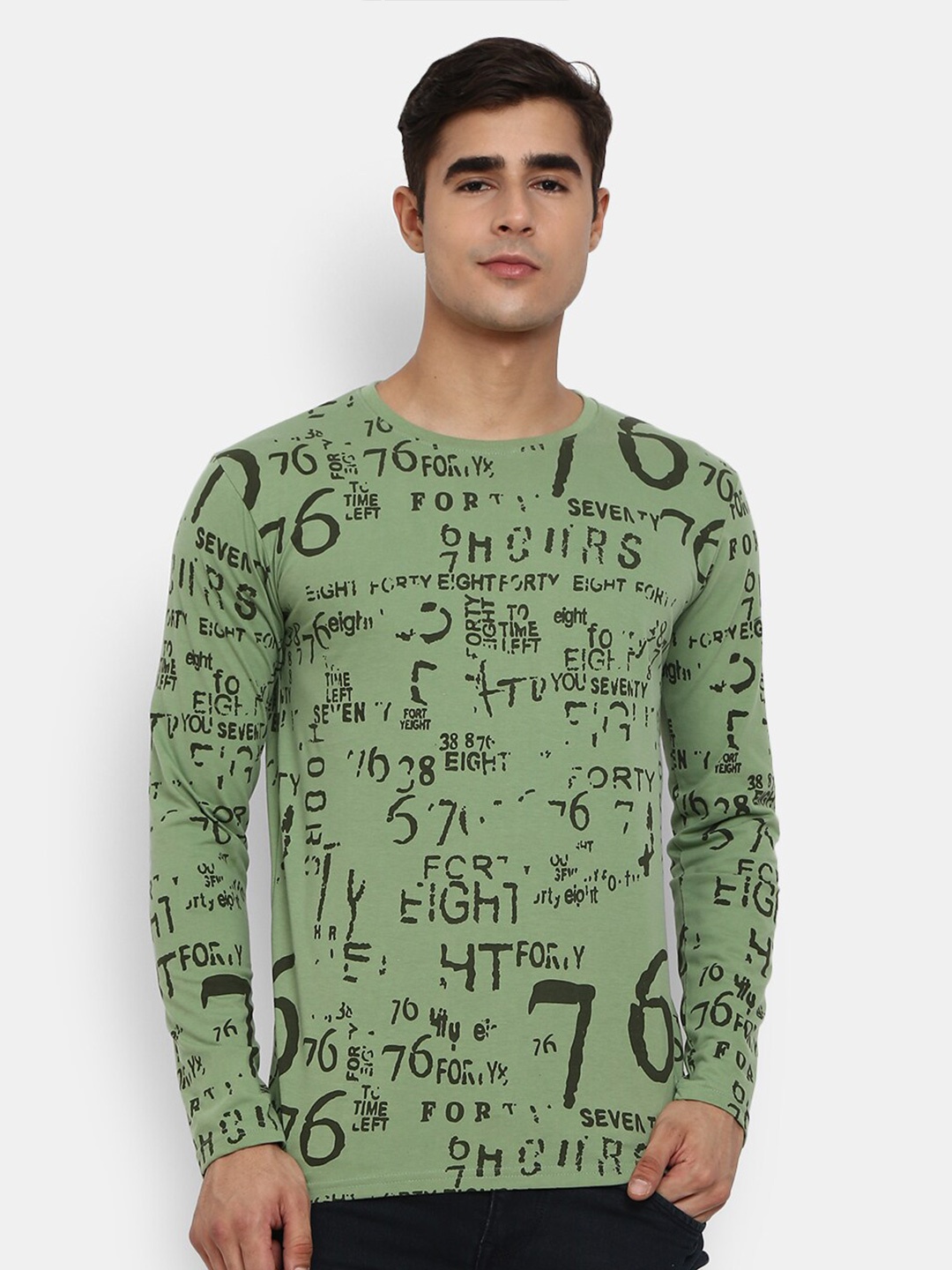 

V-Mart Typography Printed Round Neck Slim Fit Cotton T-shirt, Green