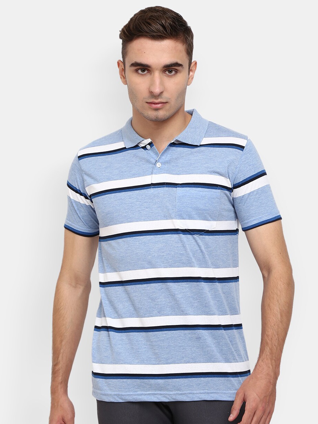 

V-Mart Horizontal Striped Polo Collar Slim Fit Cotton Casual T-Shirt, Blue