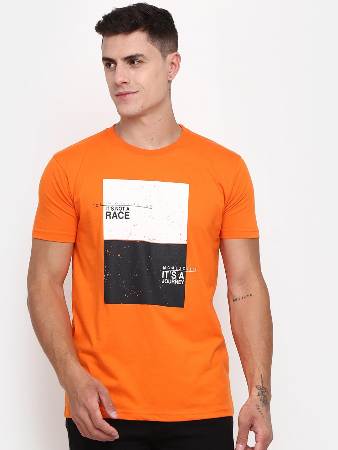 

V-Mart Typography Printed Round Neck Cotton T-shirt, Orange