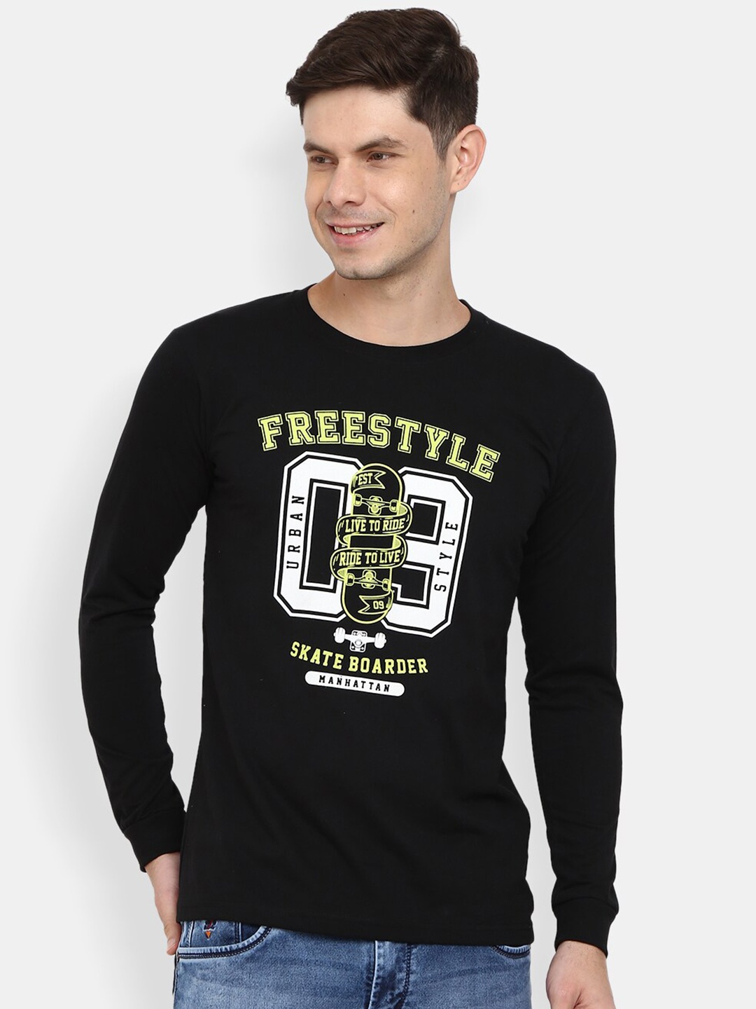 

V-Mart Varsity Printed Slim Fit Cotton T-shirt, Black