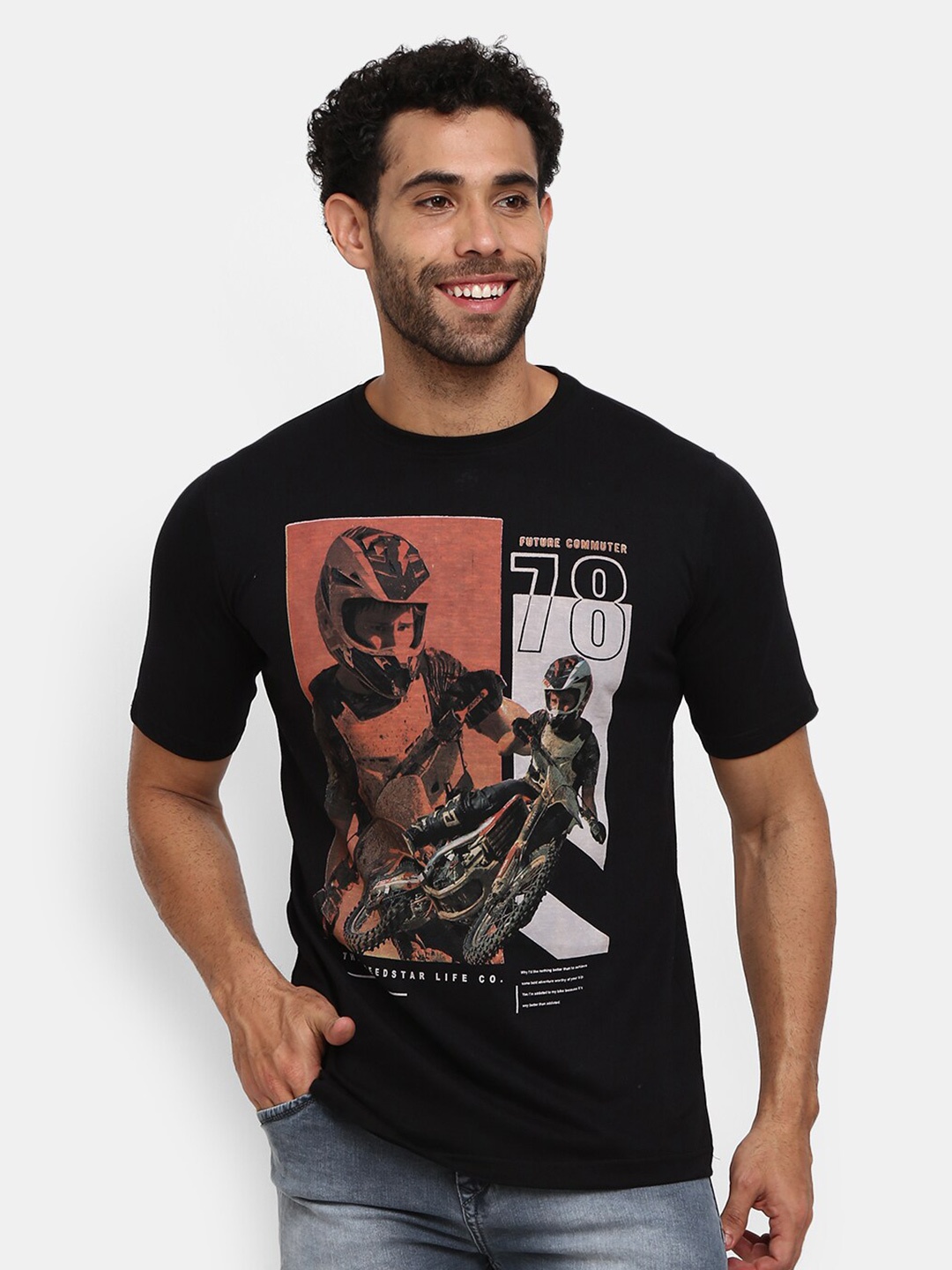

V-Mart Biker Printed Round Neck Cotton Slim Fit T-shirt, Black