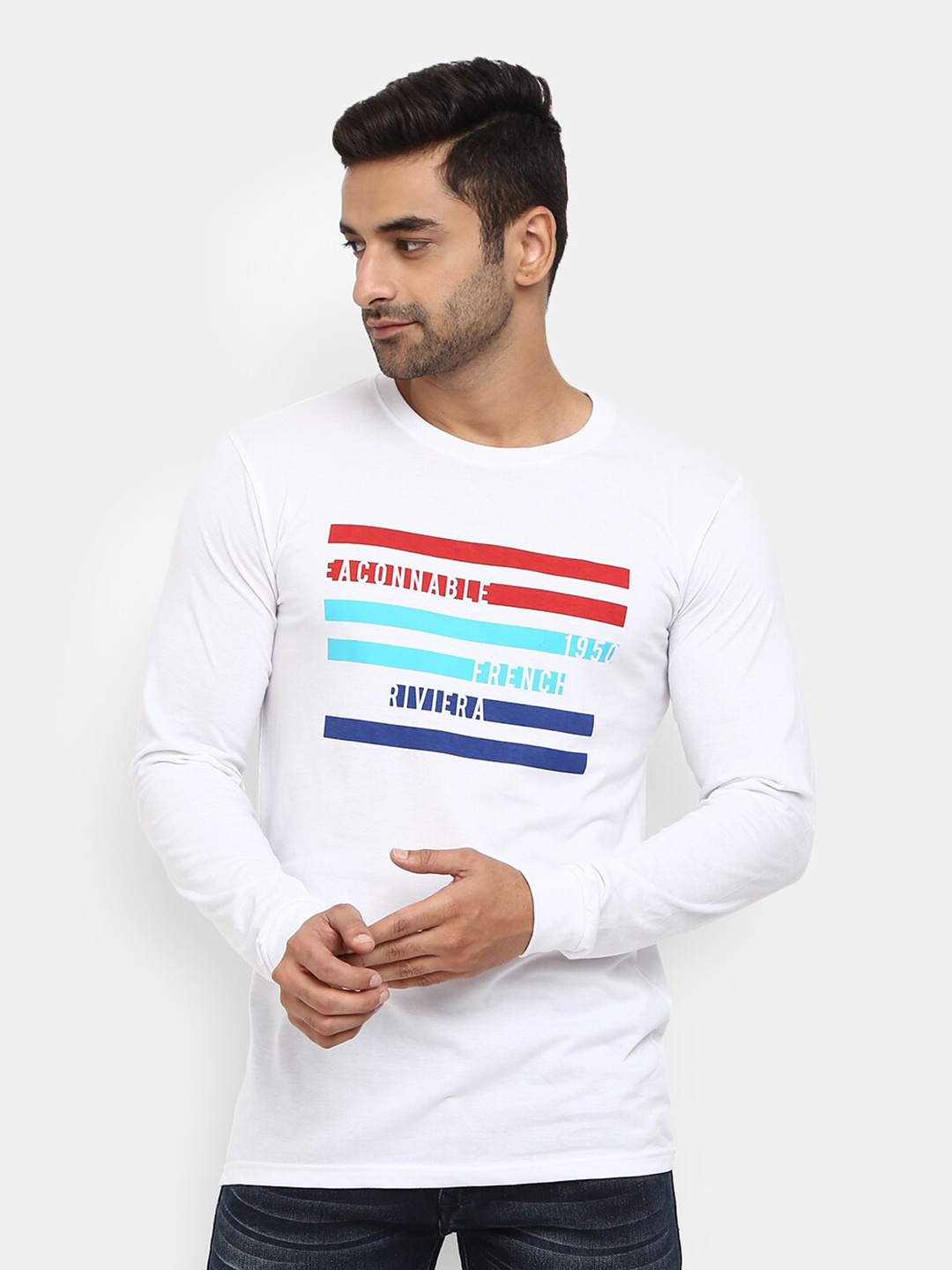 

V-Mart Horizontal Striped Slim Fit Cotton T-shirt, White