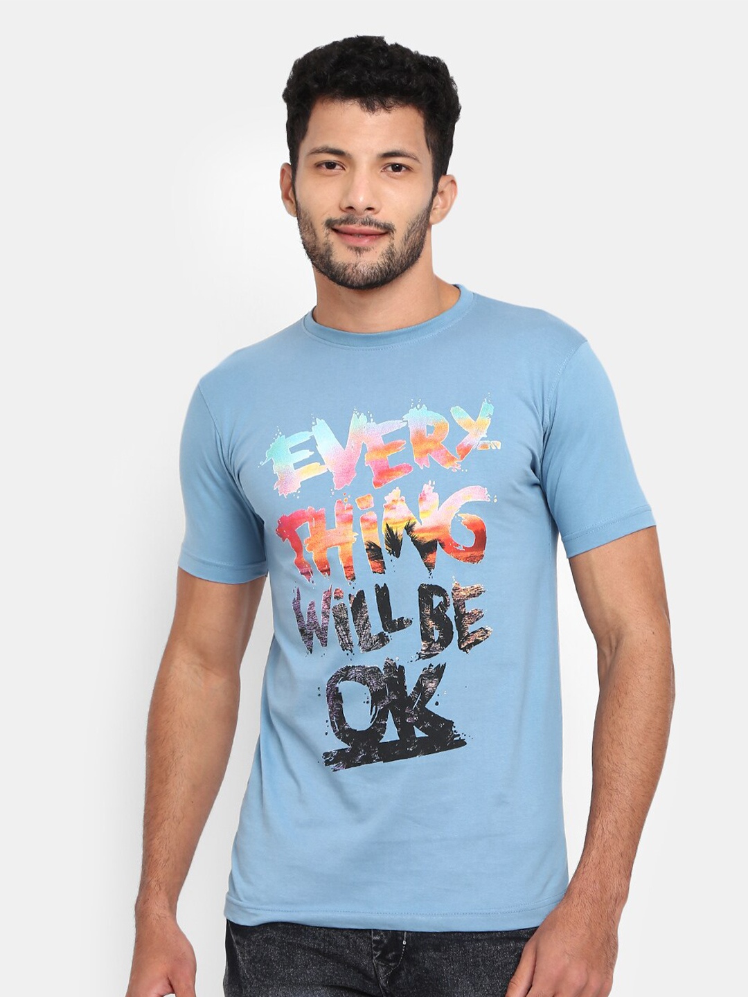

V-Mart Typography Printed Round Neck Slim Fit Cotton T-Shirt, Blue
