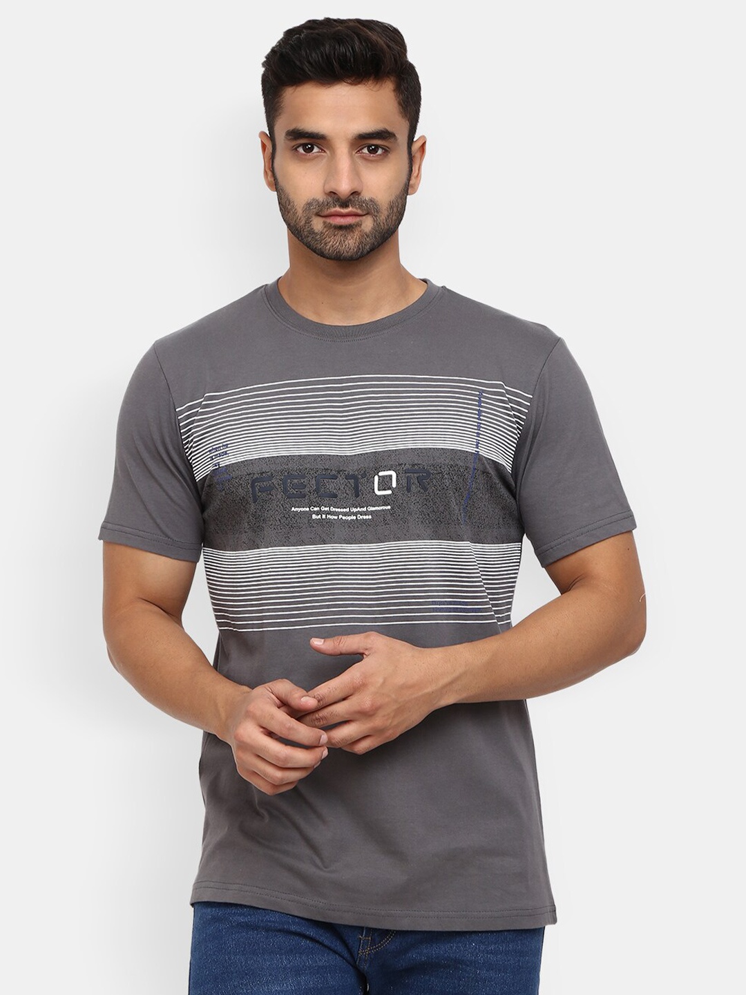 

V-Mart Horizontal Striped Slim Fit Cotton T-shirt, Grey