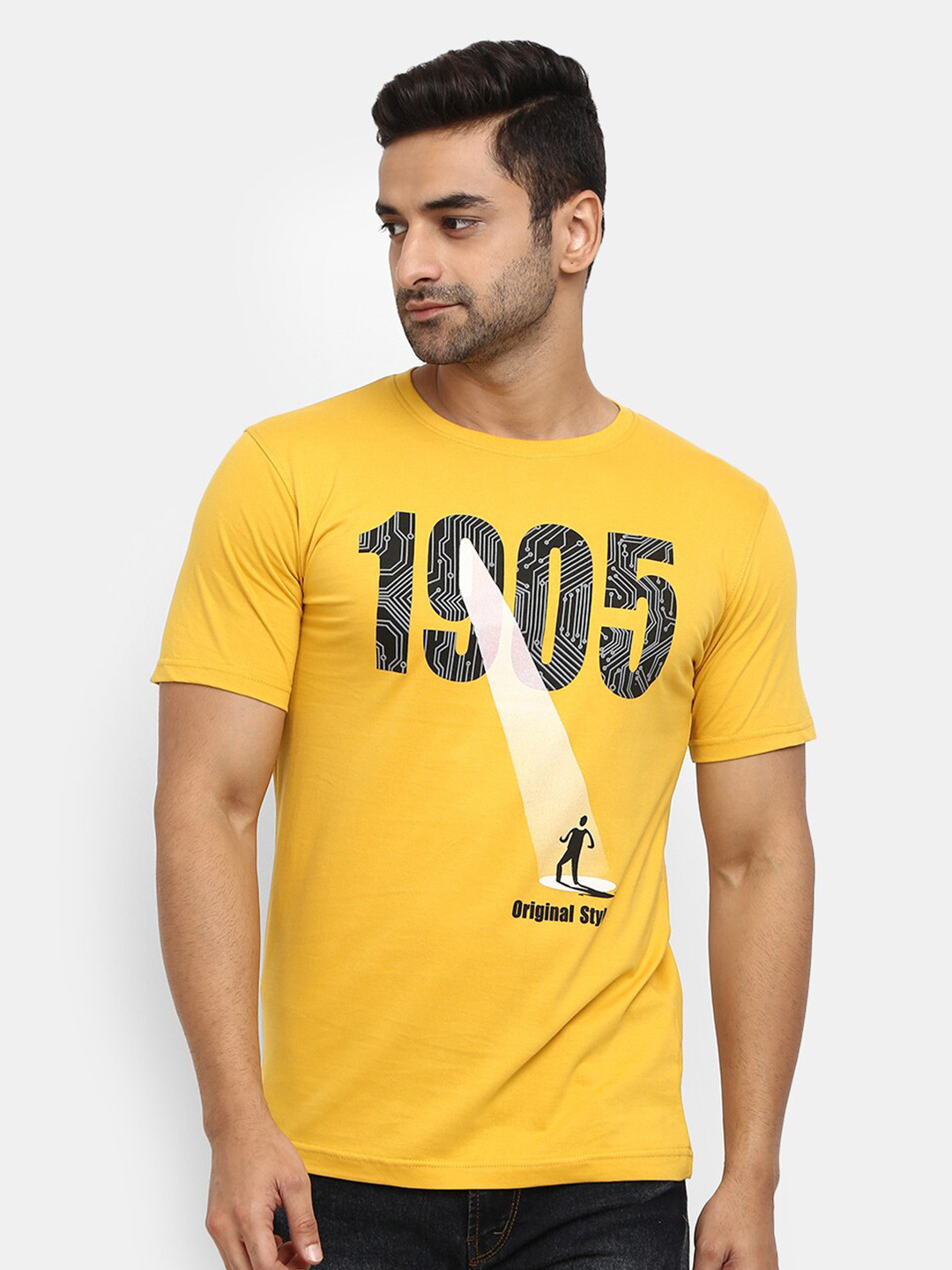 

V-Mart Typography Printed Slim Fit Cotton T-shirt, Yellow