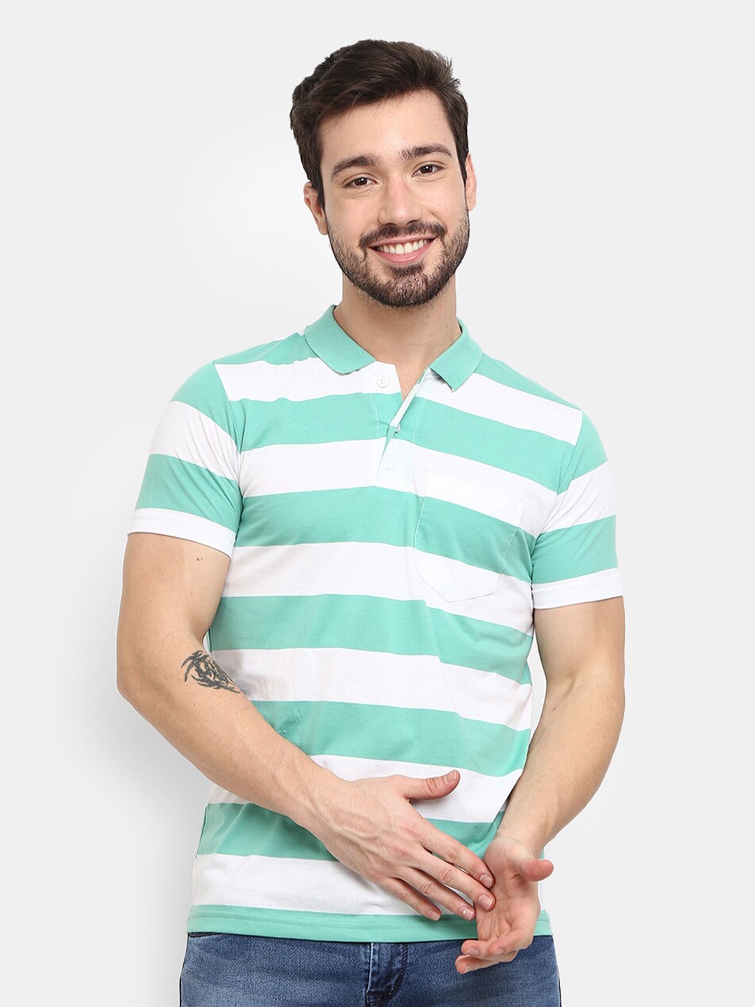 

V-Mart Striped Polo Collar Short Sleeves Cotton Slim Fit T-shirt, Green