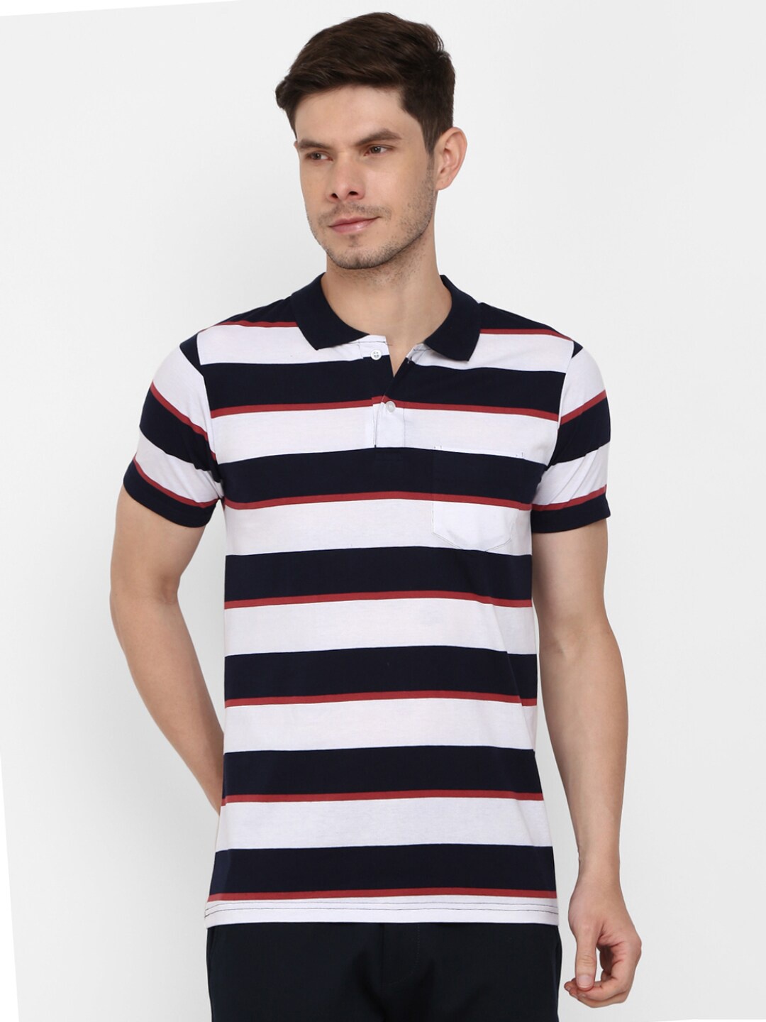 

V-Mart Striped Polo Collar Short Sleeves Cotton Slim Fit T-shirt, Navy blue