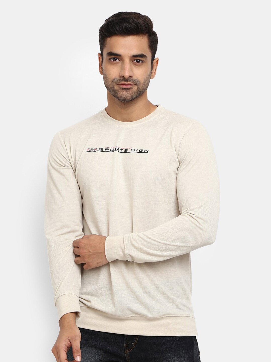 

V-Mart Typography Printed Slim Fit Cotton T-shirt, Beige
