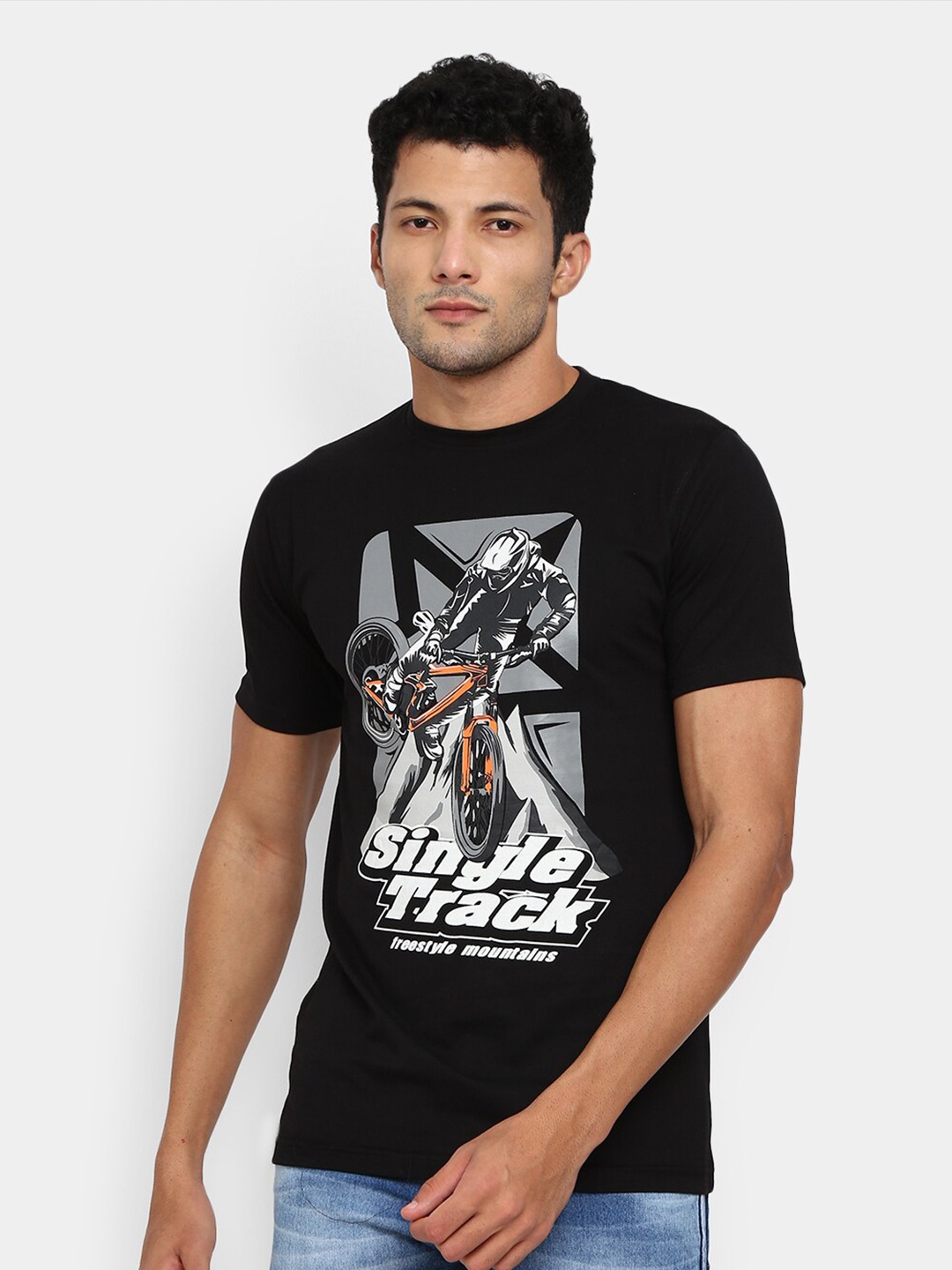 

V-Mart Graphic Printed Round Neck Cotton Slim Fit T-shirt, Black