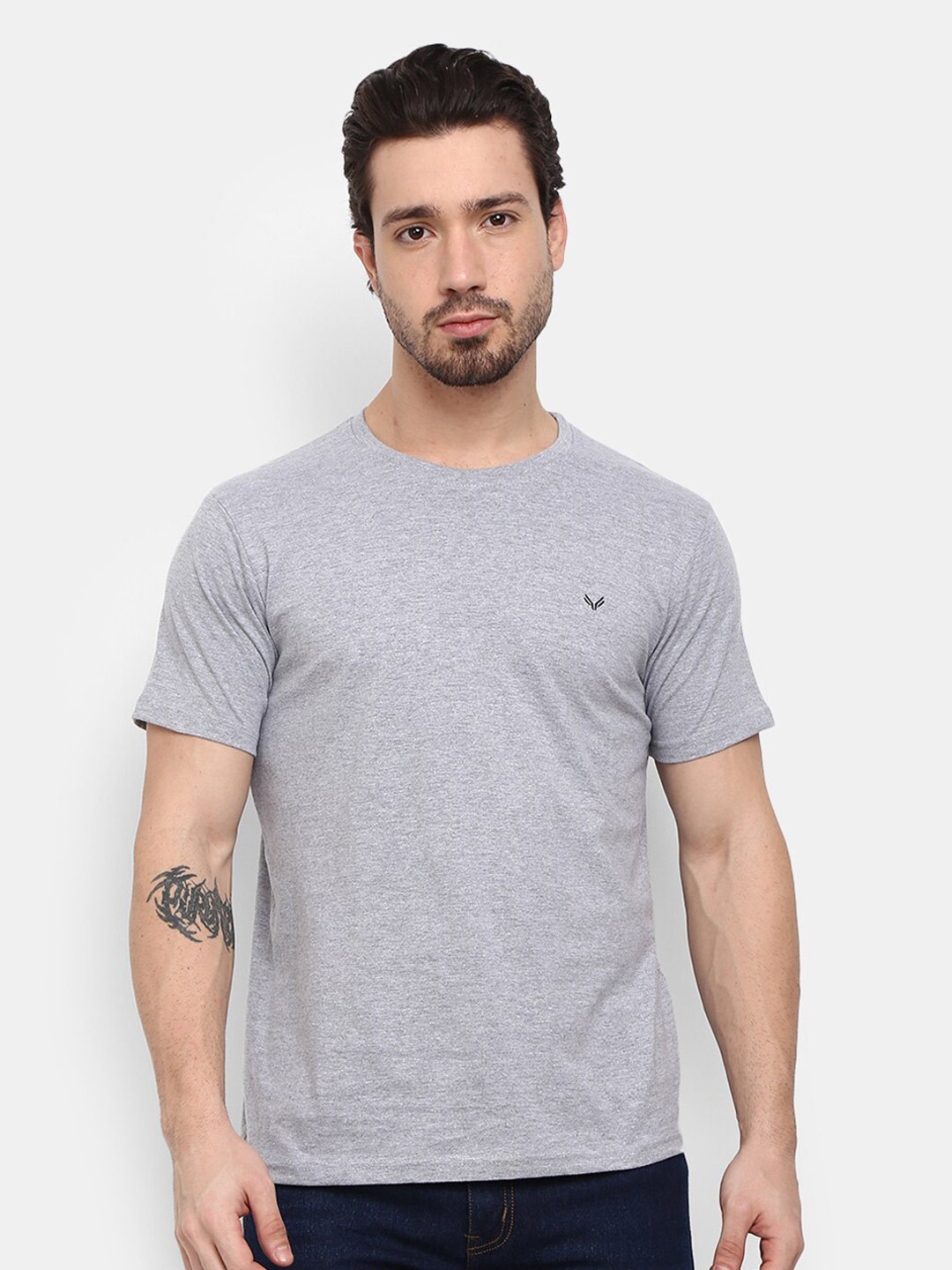 

V-Mart Short Sleeves Round Neck Cotton Slim Fit T-shirt, Grey melange