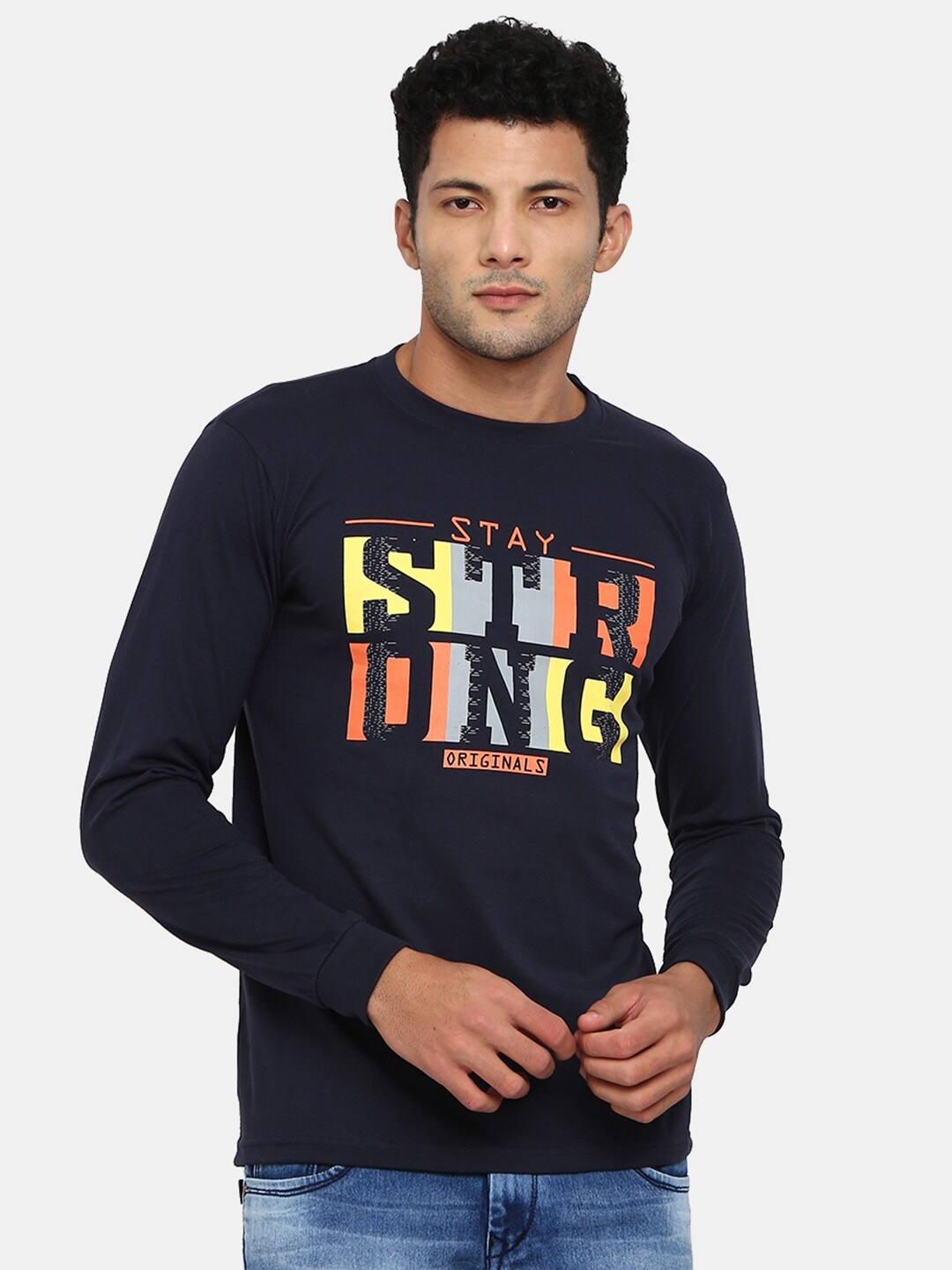 

V-Mart Typography Printed Slim Fit Cotton T-shirt, Navy blue