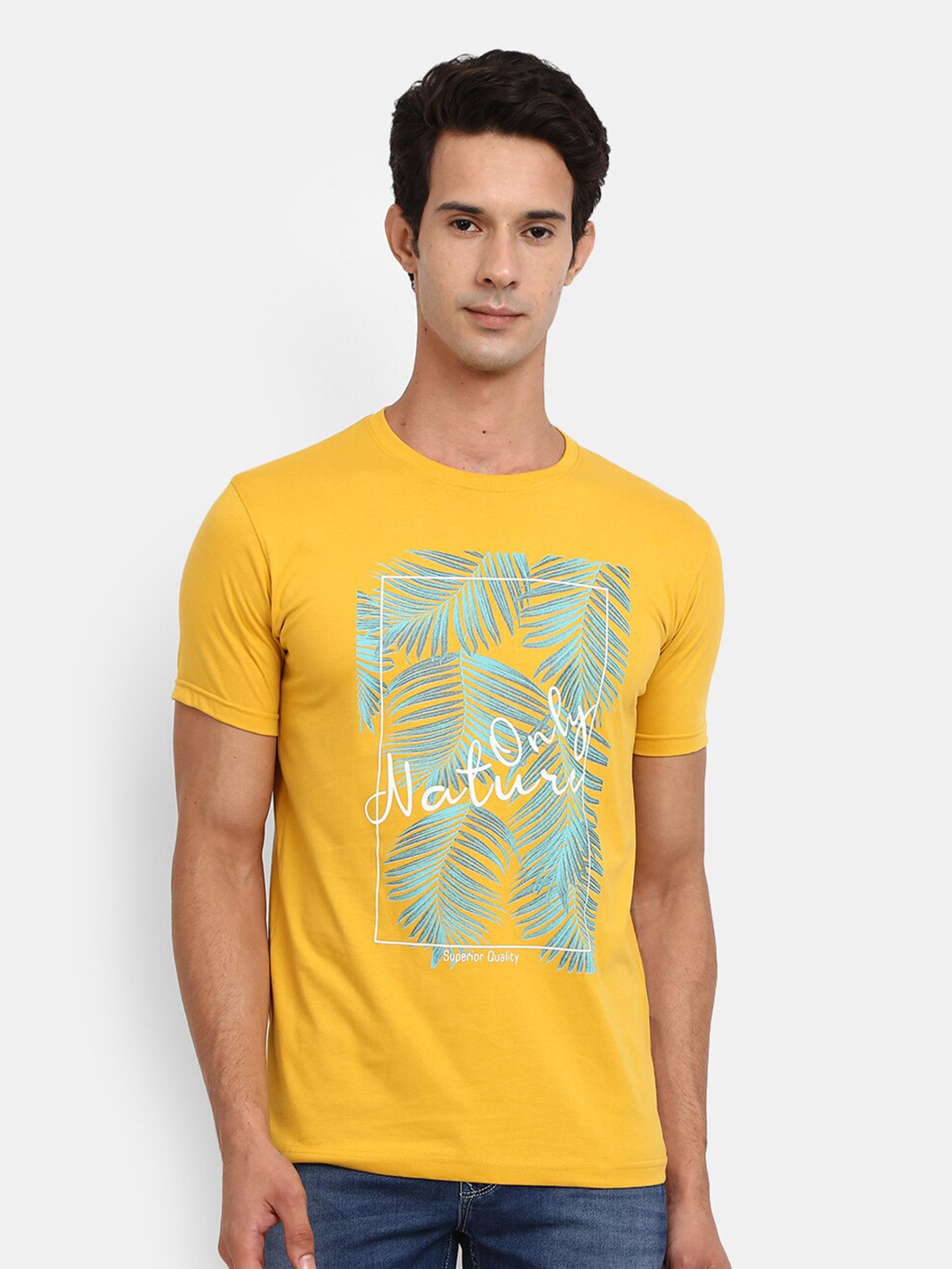 

V-Mart Tropical Printed Slim Fit Cotton T-shirt, Yellow