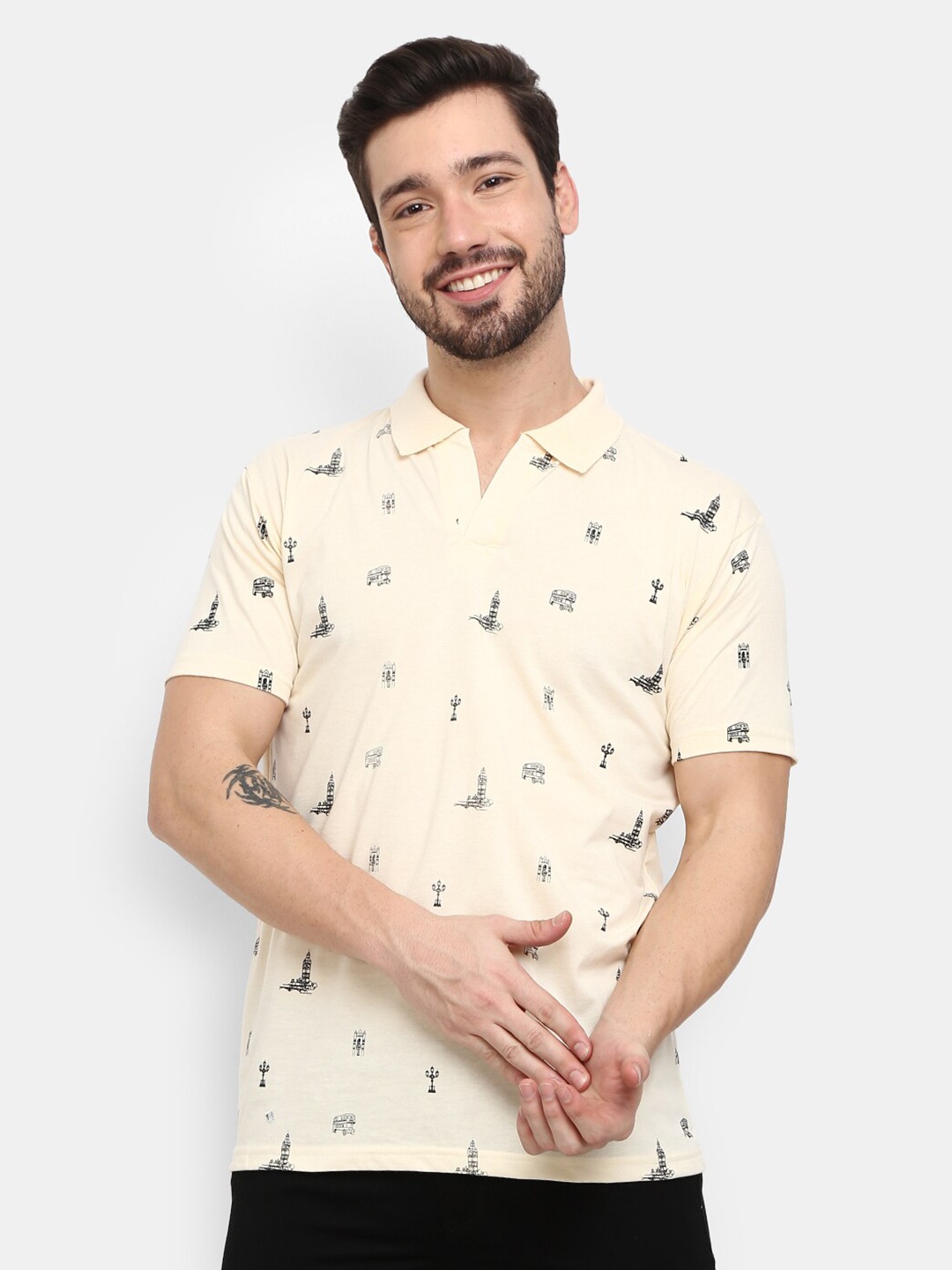 

V-Mart Polo Collar Conversational Printed T-shirt, Beige