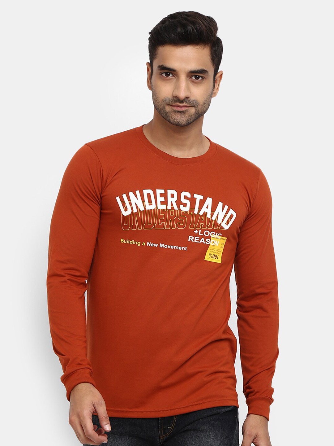 

V-Mart Typography Printed Slim Fit Cotton T-shirt, Rust