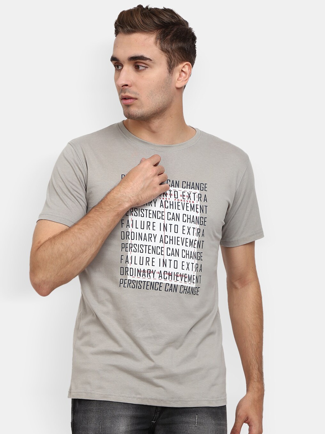

V-Mart Typography Printed Round Neck Cotton Slim Fit T-shirt, Grey