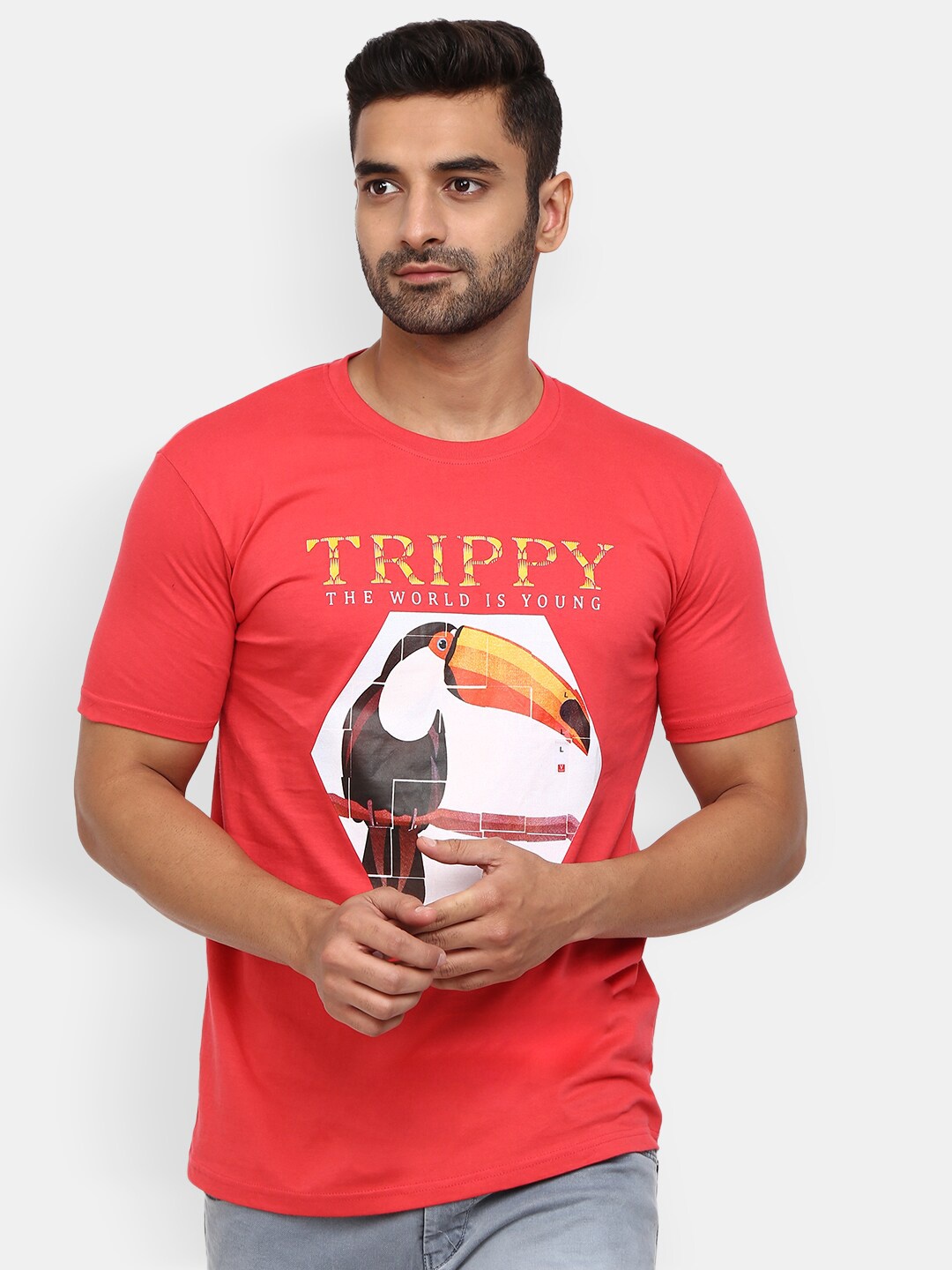 

V-Mart Graphic Printed Short Sleeves Round Neck Cotton Slim Fit T-shirt, Red
