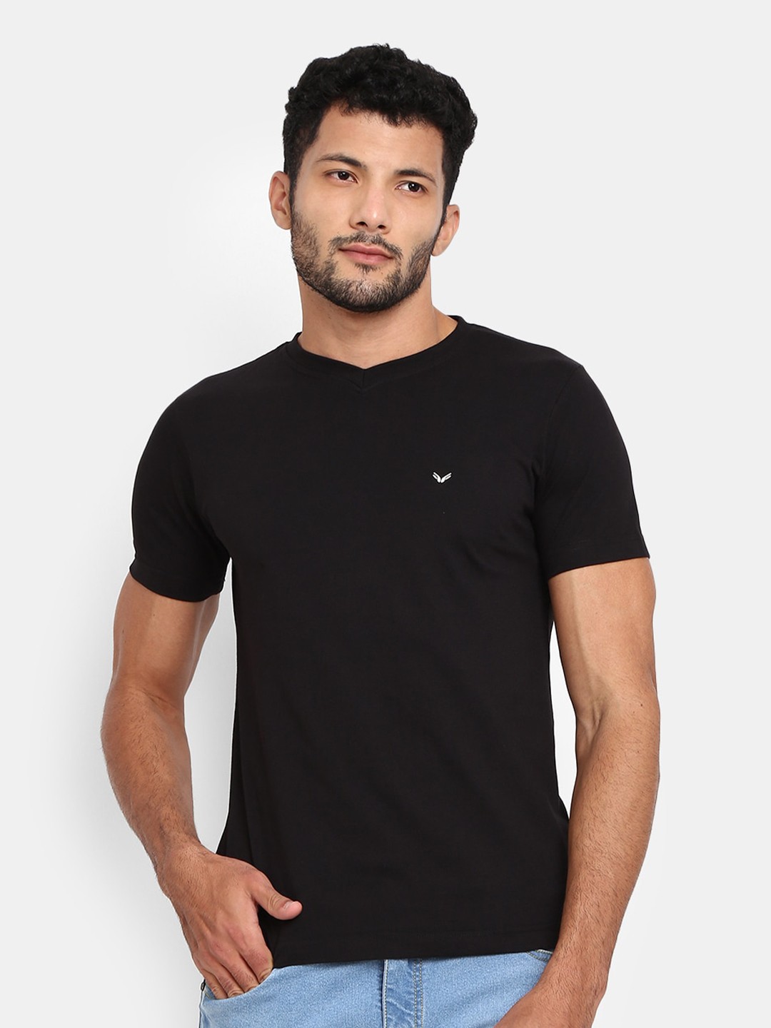 

V-Mart V-Neck Short Sleeves Slim Fit Cotton T-shirt, Black