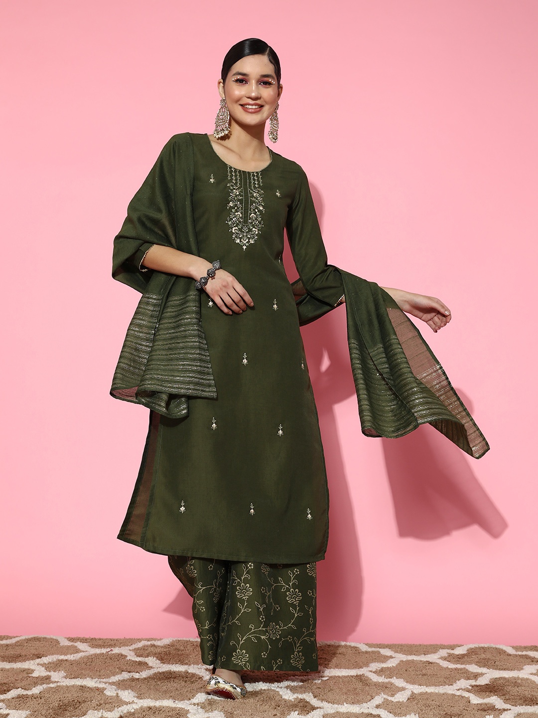 

SheWill Floral Embroidered Regular Sequinned Kurta with Palazzos & Dupatta, Olive
