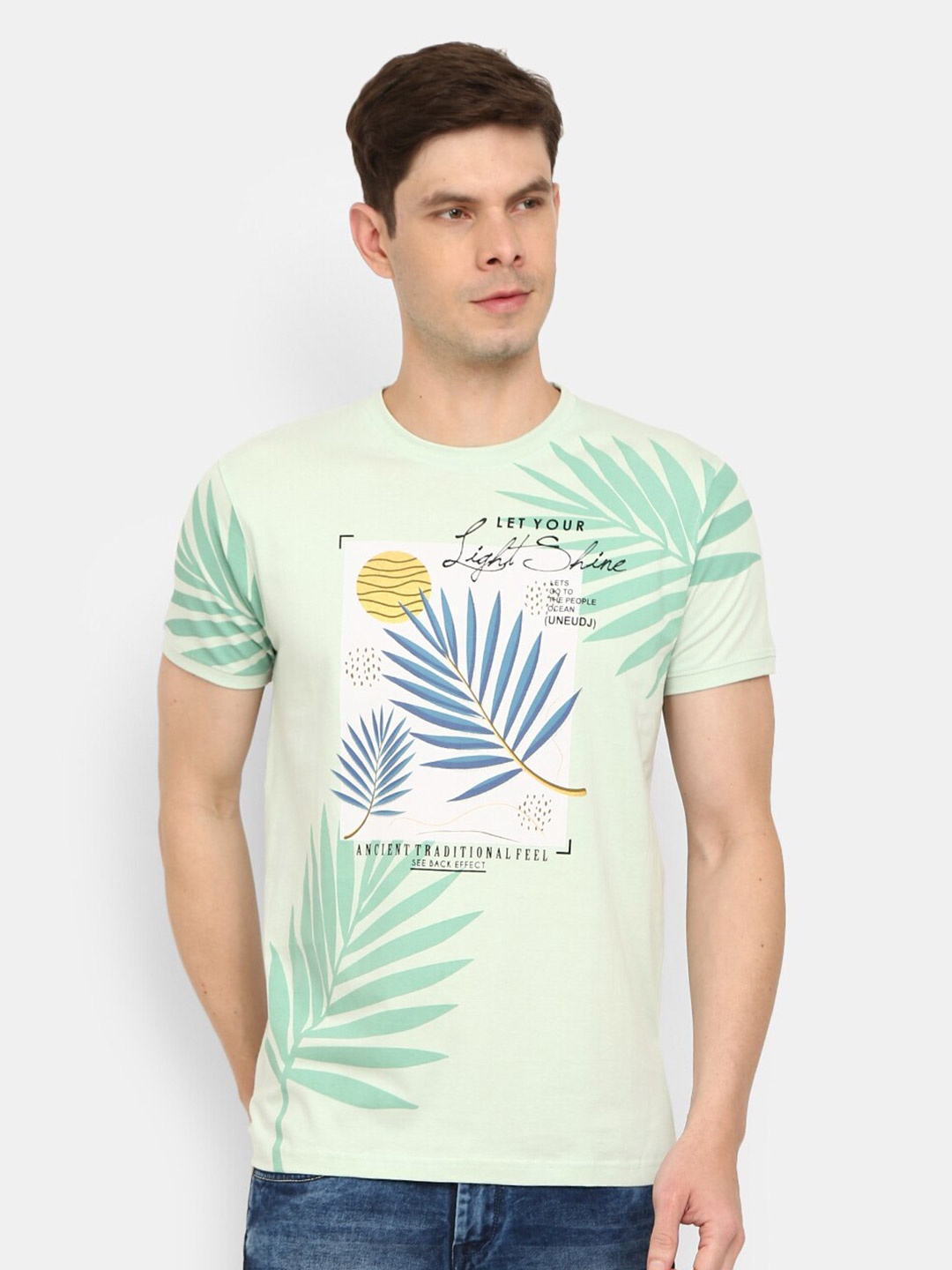 

V-Mart Tropical Printed Round Neck Short Sleeves Cotton Slim Fit T-shirt, Green