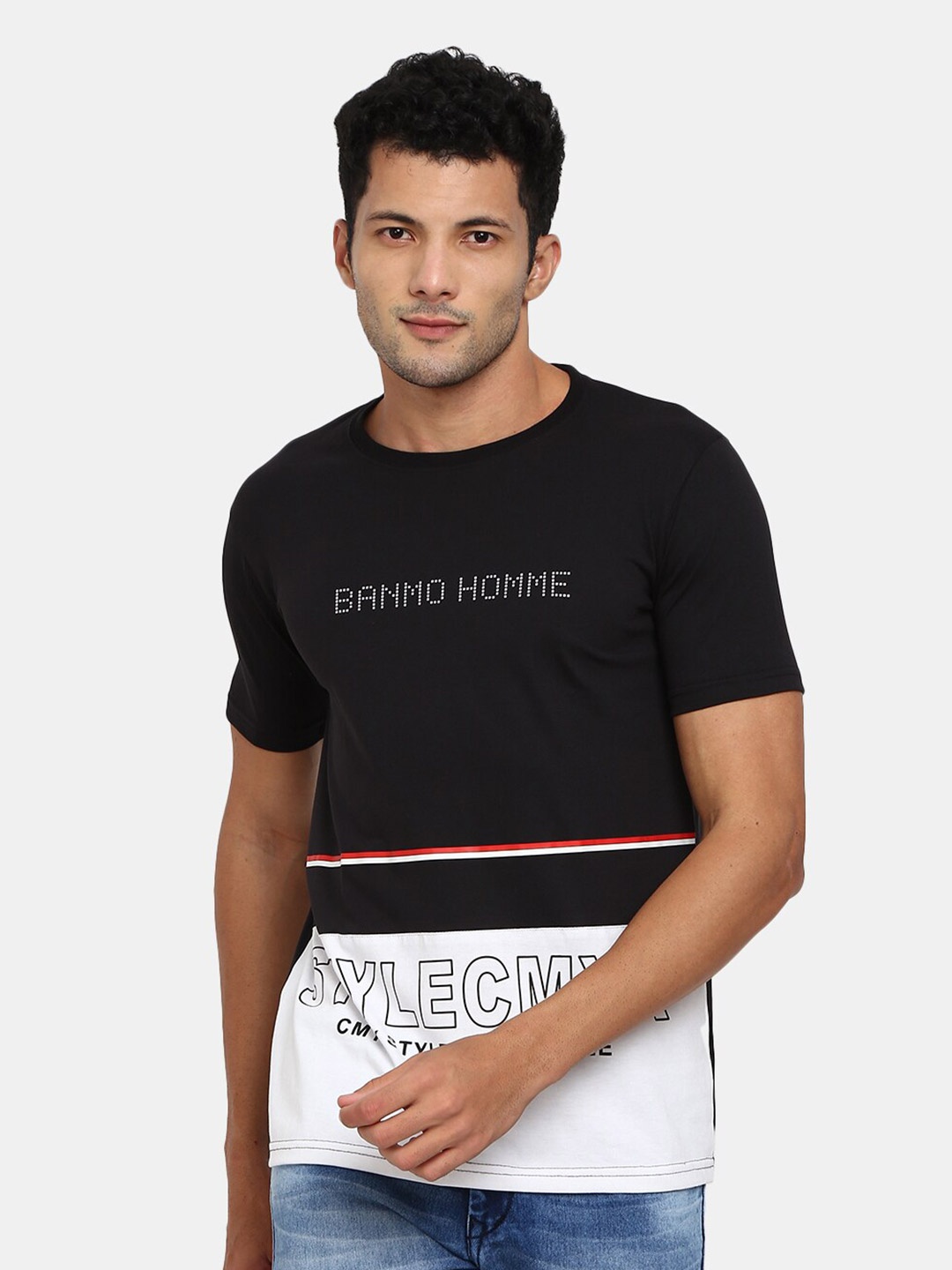 

V-Mart Colourblocked Cotton Slim Fit T-shirt, Black