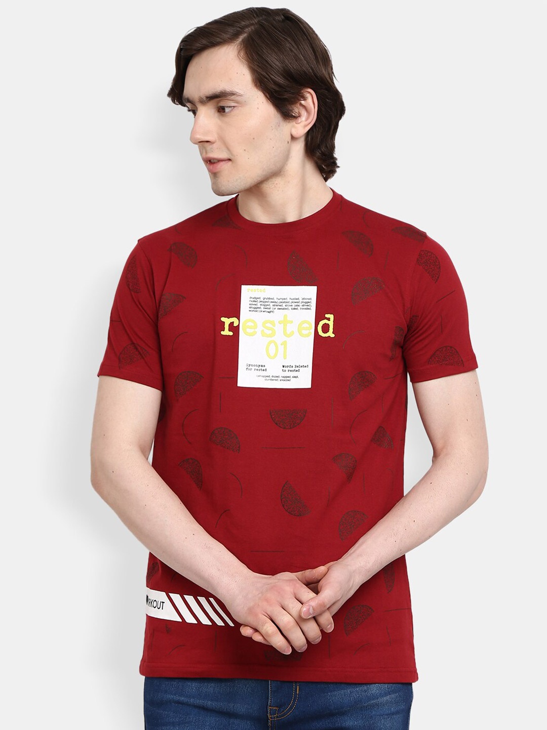 

V-Mart Typography Printed Round Neck Short Sleeves Cotton Slim Fit T-shirt, Red
