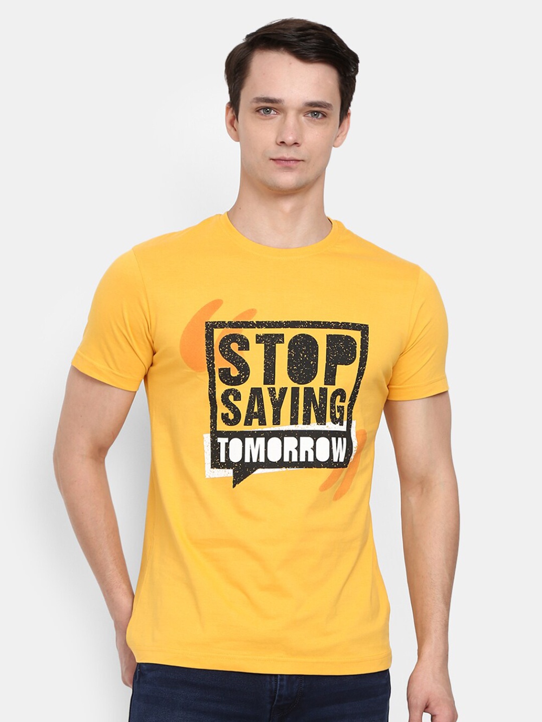 

V-Mart Typography Printed Round Neck Short Sleeves Cotton Slim Fit T-shirt, Mustard