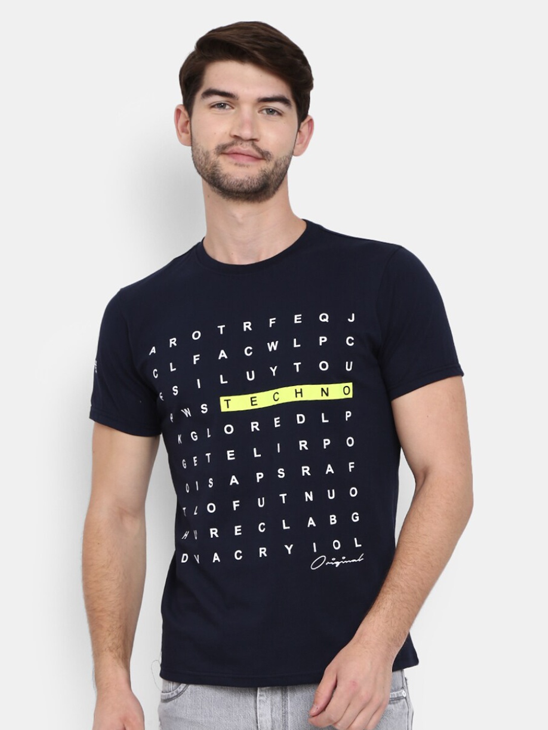 

V-Mart Typography printed Round Neck Short Sleeves Cotton Slim Fit T-shirt, Navy blue