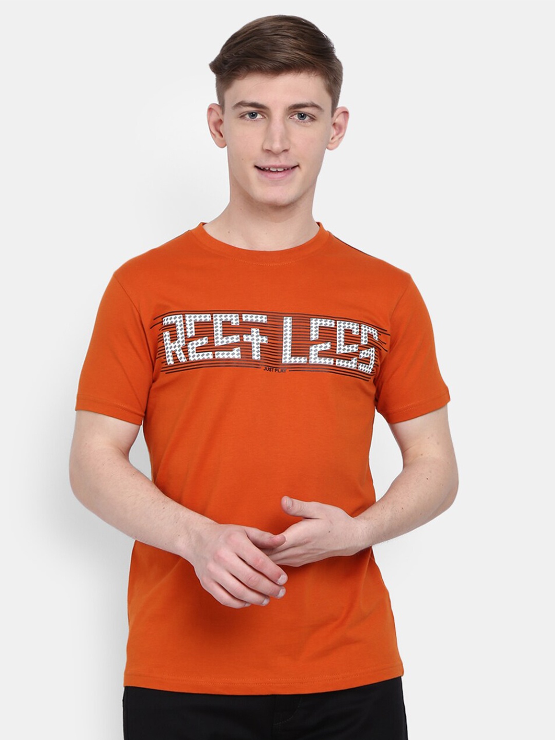 

V-Mart Typography Printed Round Neck Short Sleeves Cotton Slim Fit T-shirt, Orange