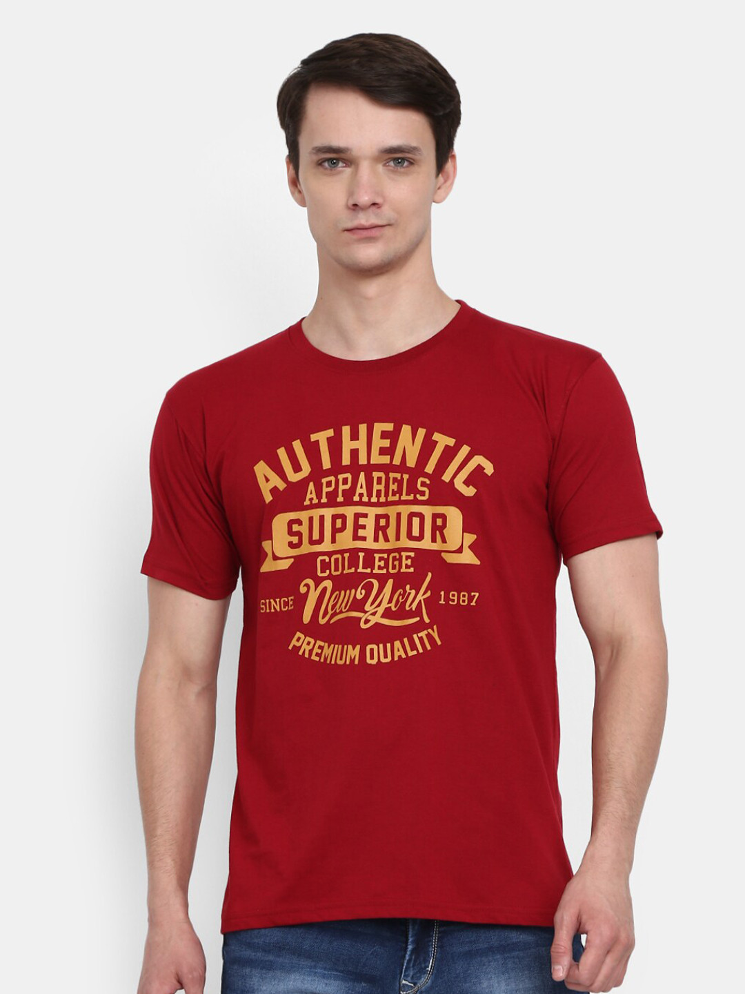 

V-Mart Typography Printed Round Neck Short Sleeves Cotton T-shirt, Red