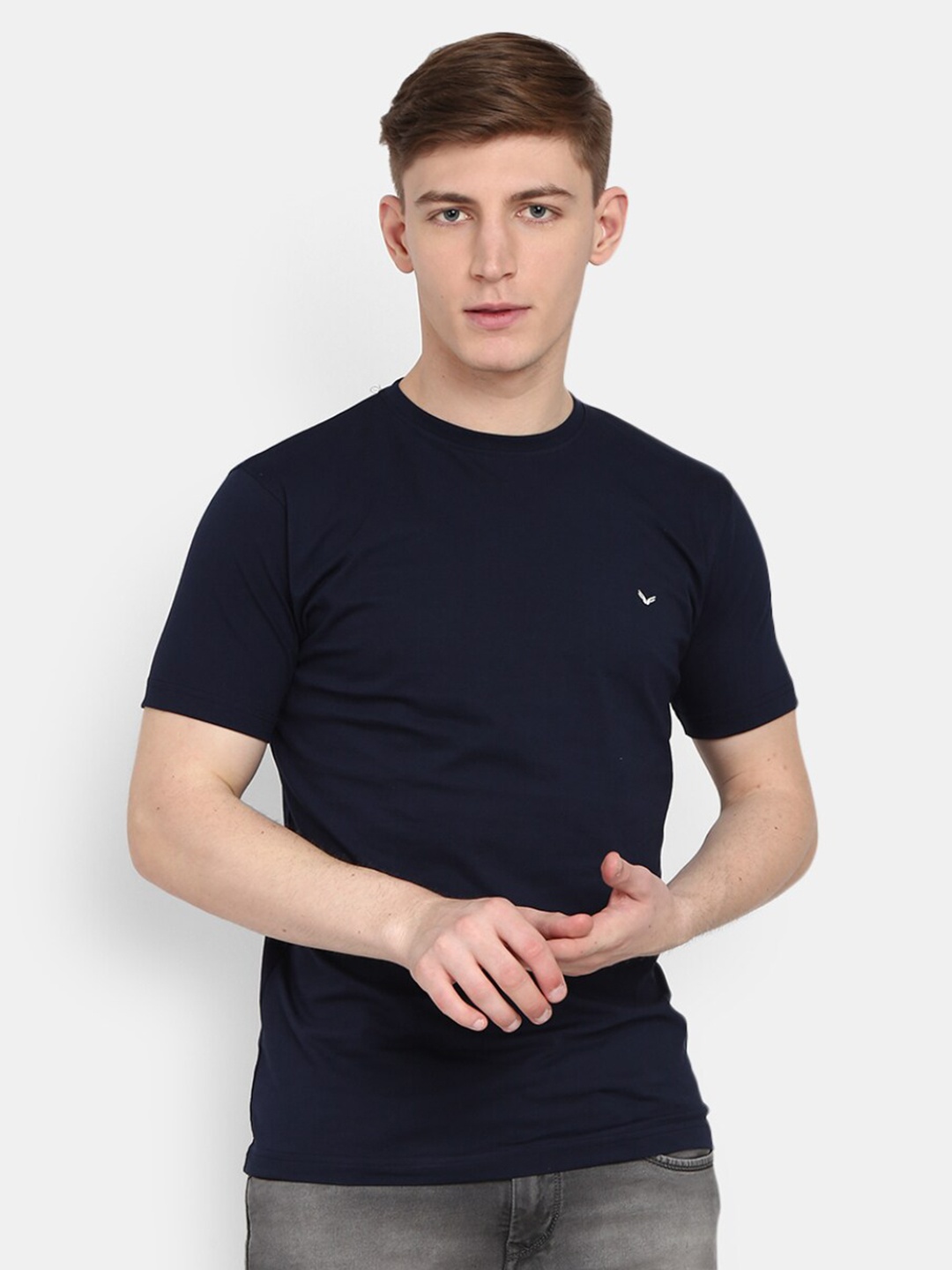 

V-Mart Round Neck Short Sleeves Cotton Slim Fit T-shirt, Navy blue