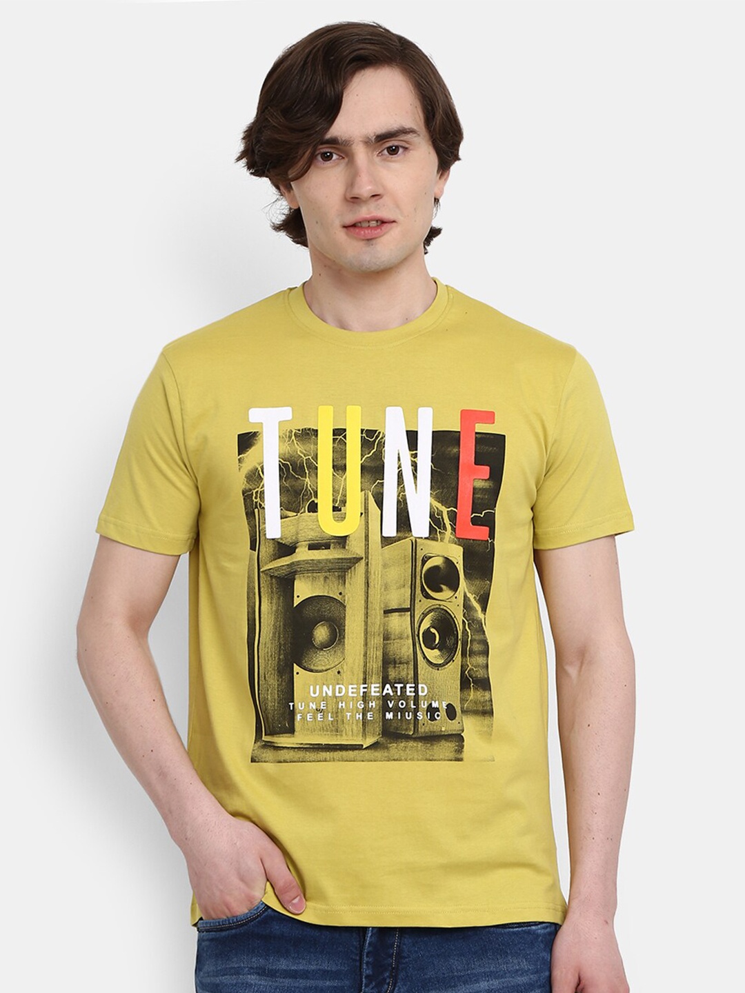 

V-Mart Graphic Printed Cotton Slim Fit T-shirt, Yellow
