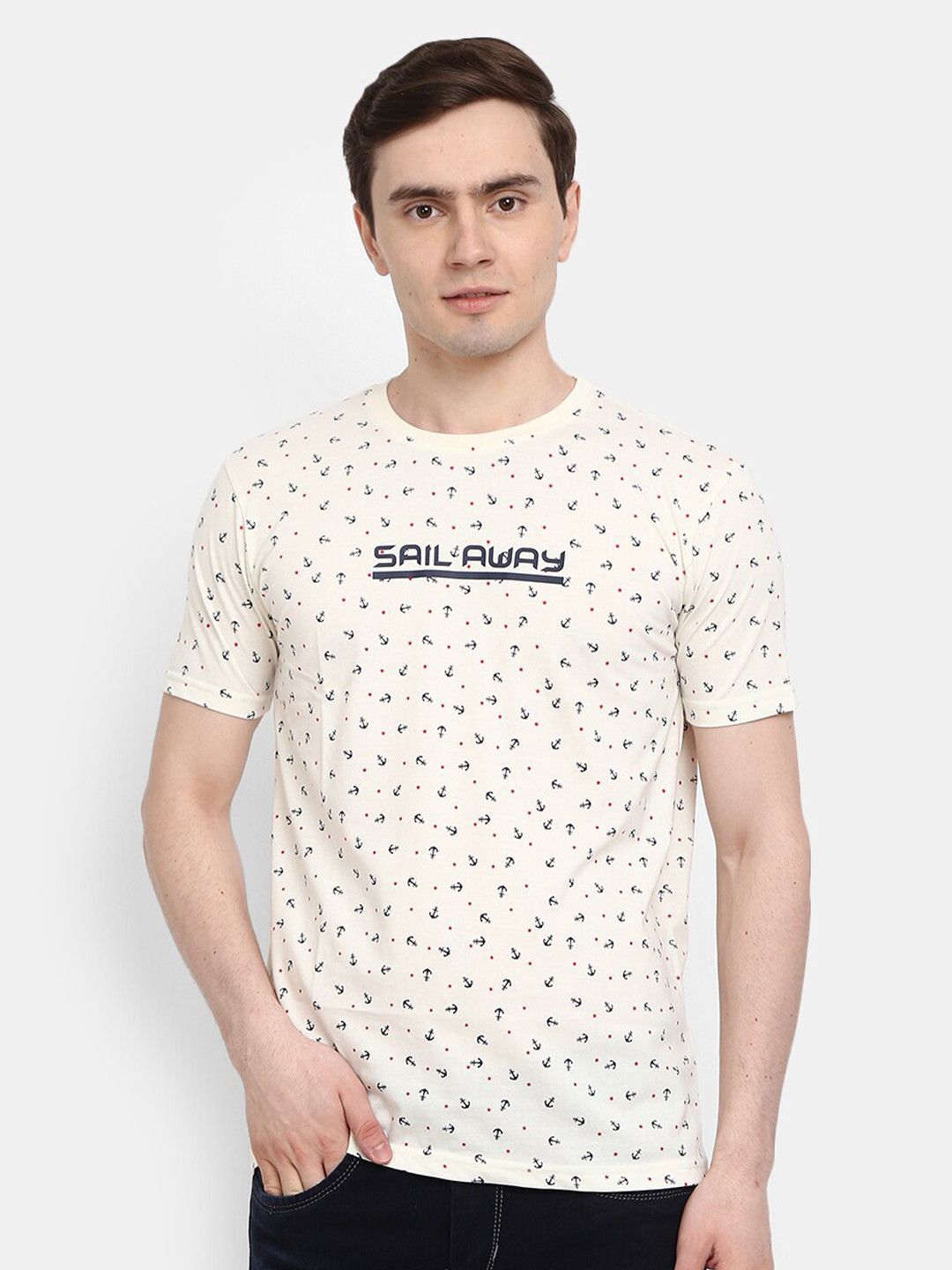

V-Mart Conversational Printed Round Neck Short Sleeves Cotton Slim Fit T-shirt, Off white