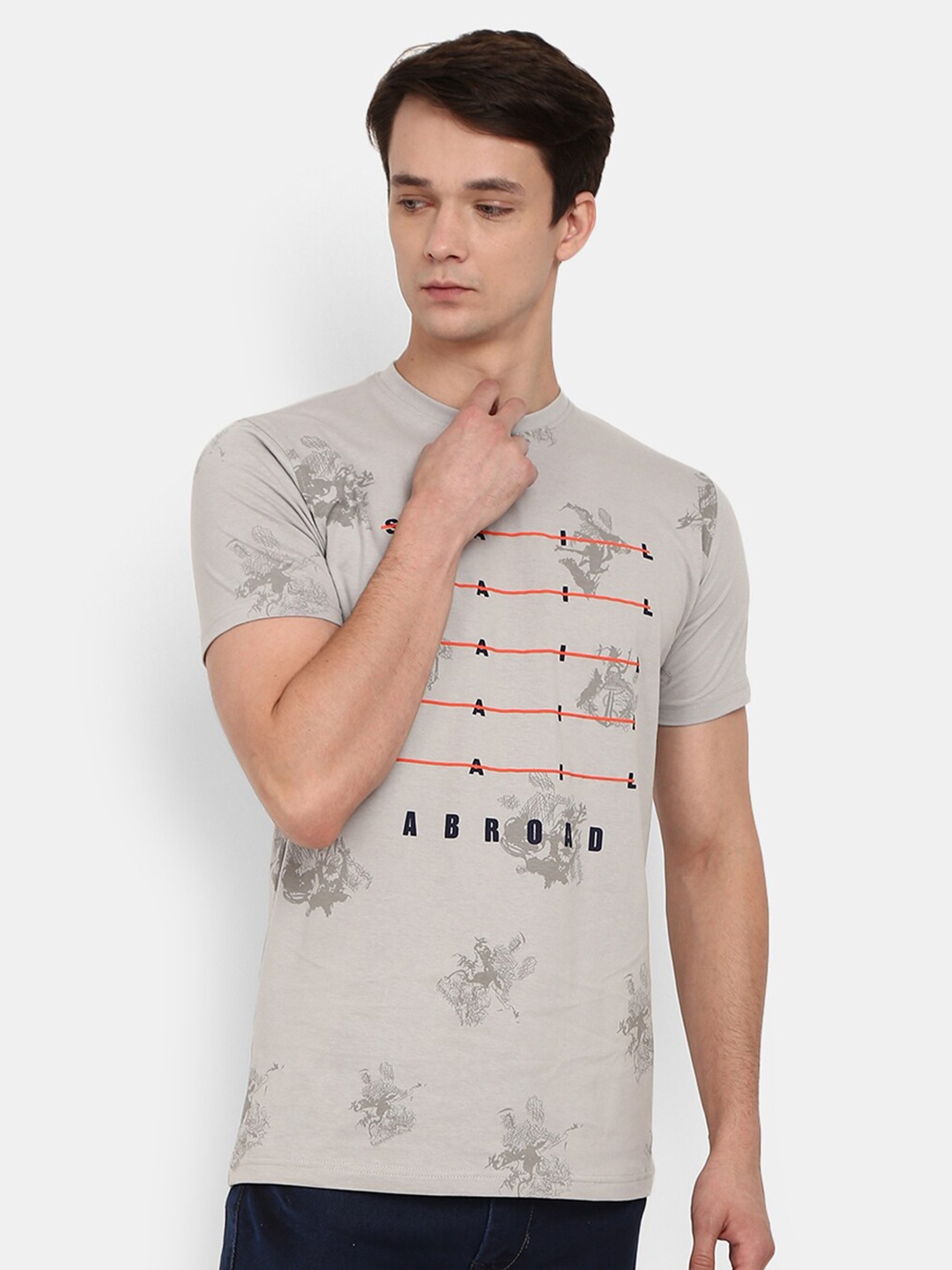 

V-Mart Conversational Printed Cotton Slim Fit T-shirt, Grey