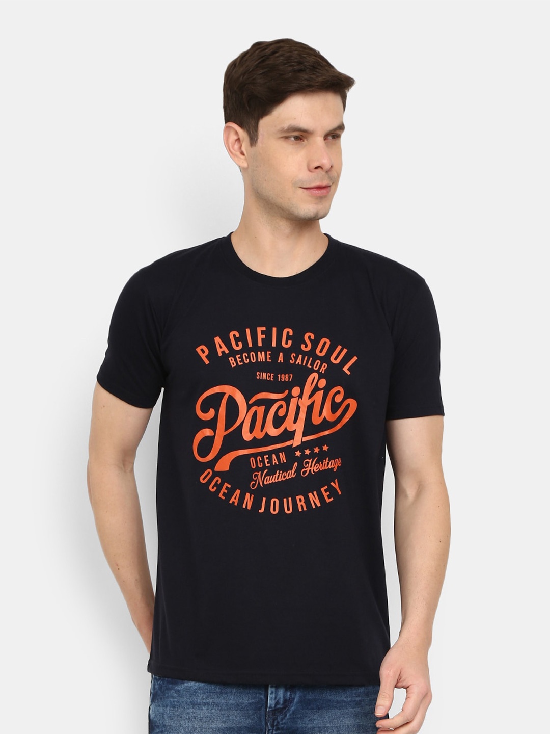 V-Mart Typography Printed Cotton T-shirt, Navy blue