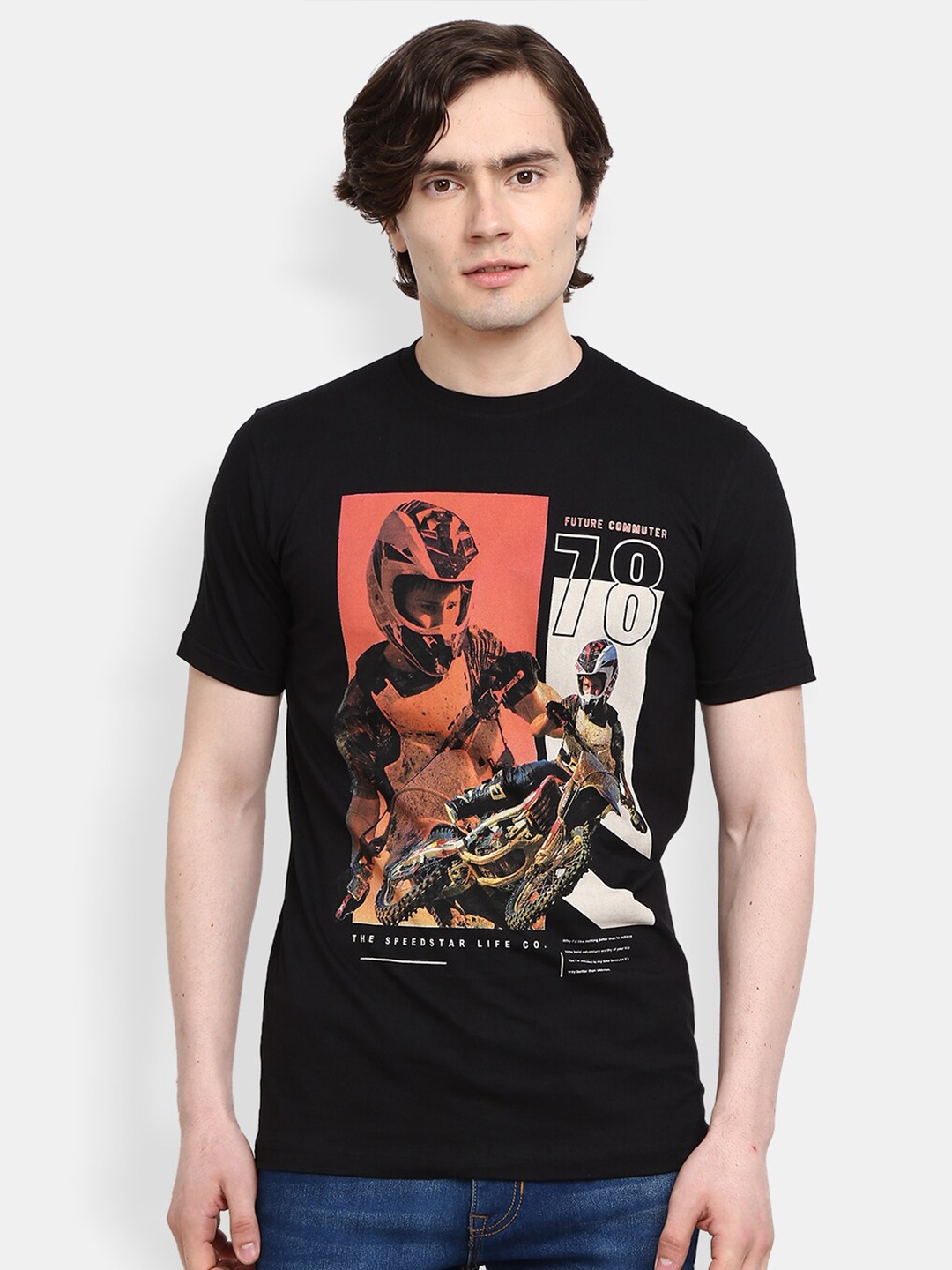 

V-Mart Graphic Printed Slim Fit Cotton T-shirt, Black