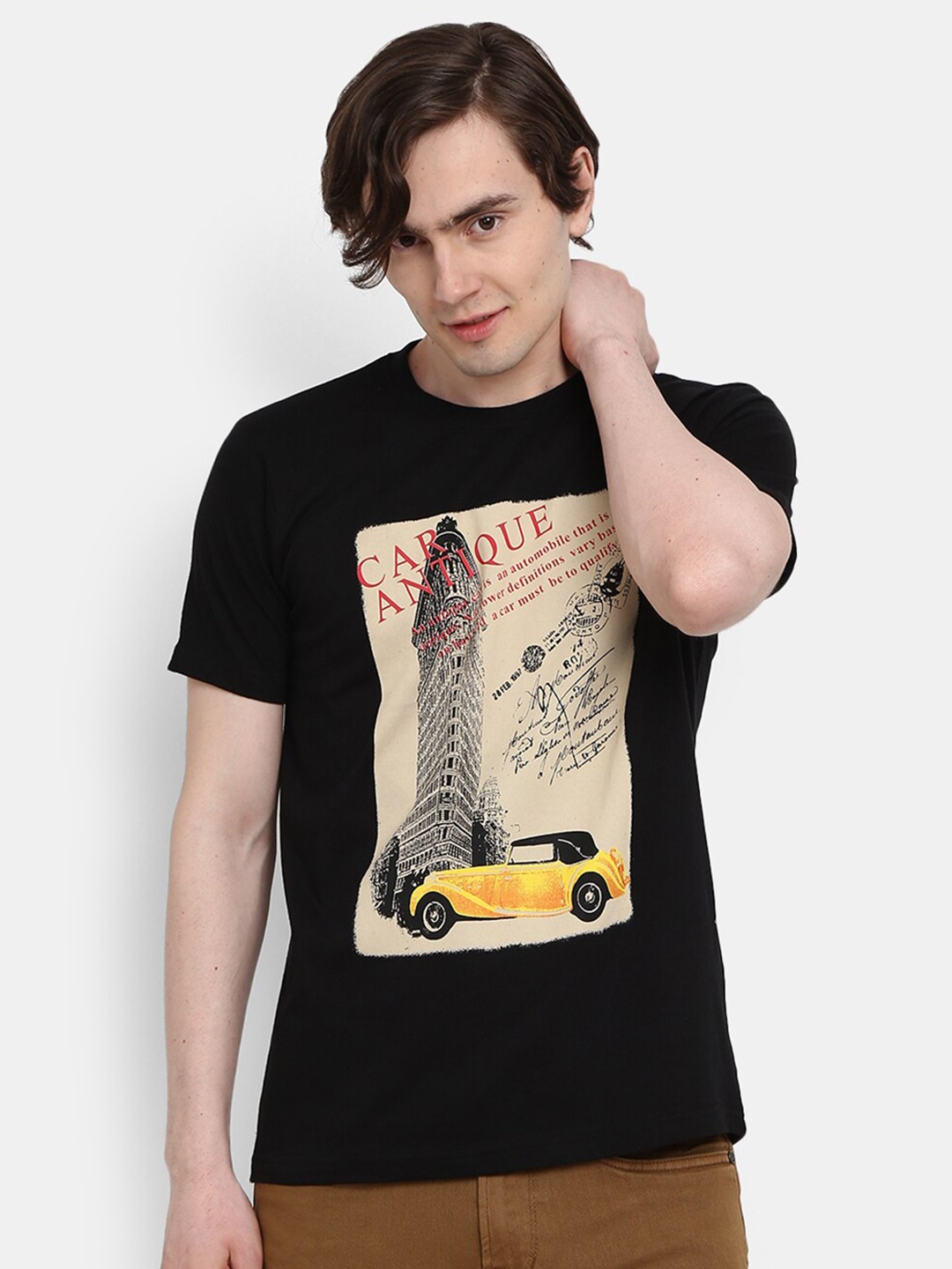 

V-Mart Graphic Printed Round Neck Short Sleeves Slim Fit Cotton T-shirt, Black