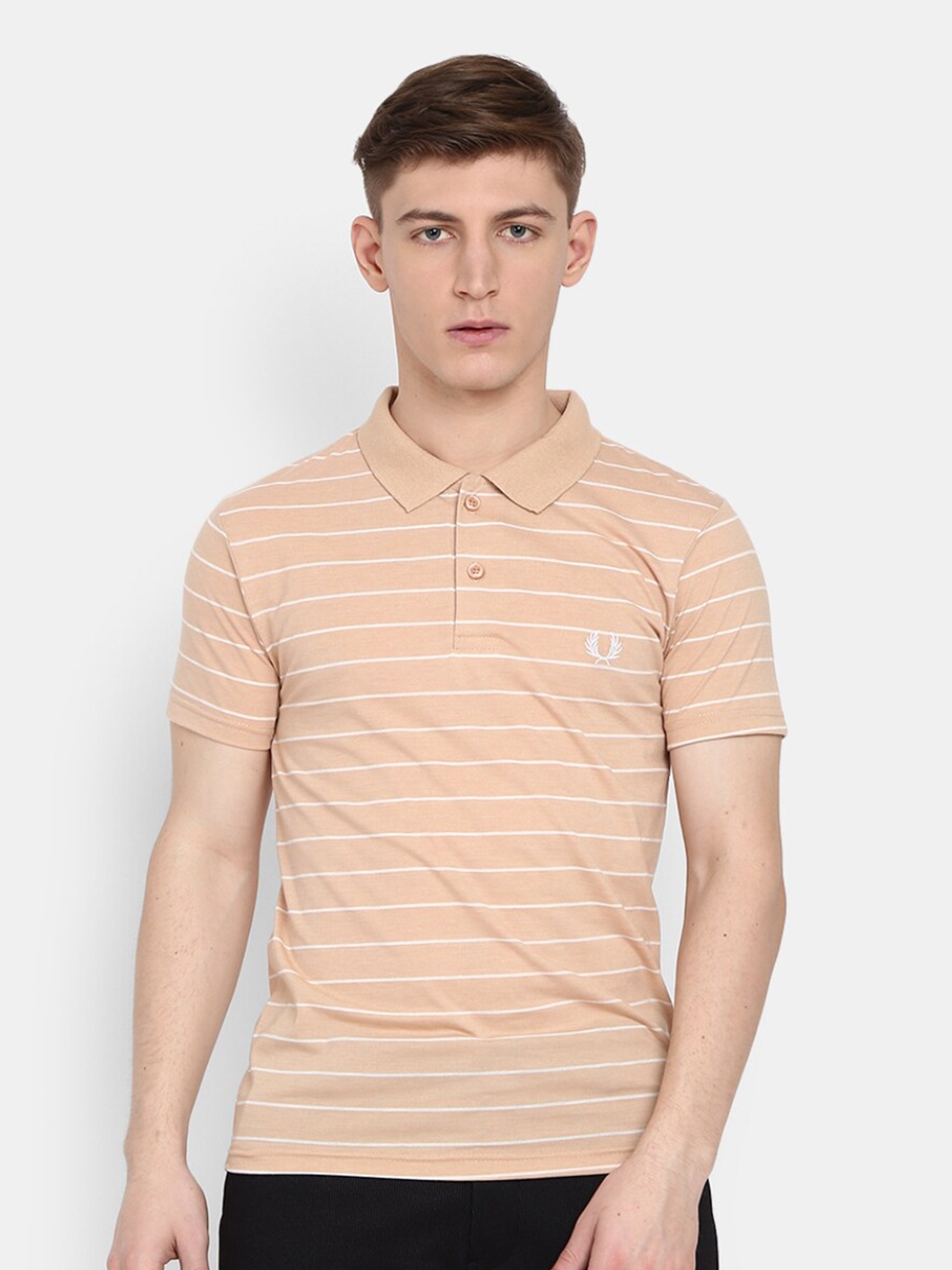 

V-Mart Striped Polo collar Slim Fit Cotton T-shirt, Beige