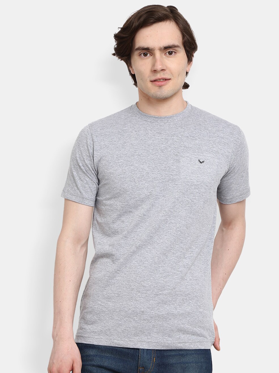 

V-Mart Round Neck Short Sleeves Slim Fit Cotton T-shirt, Grey melange