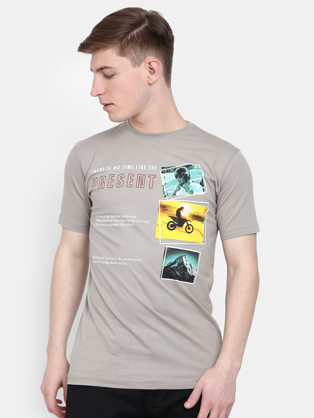 

V-Mart Graphic Printed Round Neck Slim Fit Cotton T-shirt, Grey