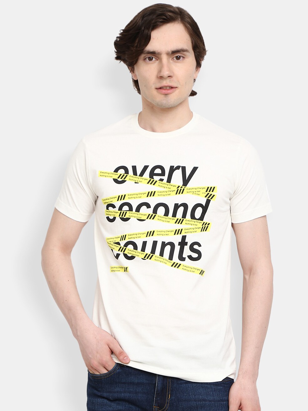 

V-Mart Typography Printed Slim Fit Cotton T-shirt, Off white