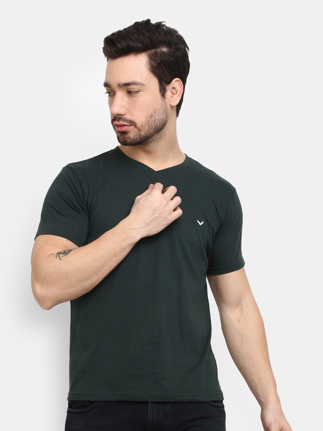 

V-Mart V-Neck Short Neck Slim Fit Cotton T-Shirt, Green