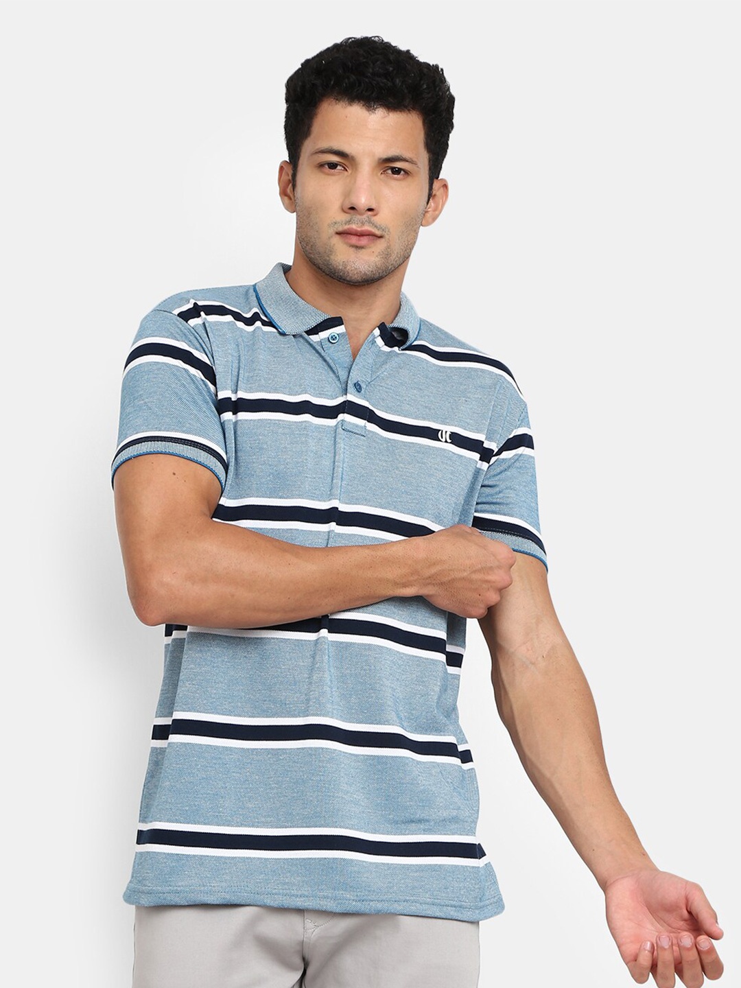 

V-Mart Striped Polo Collar Cotton Slim Fit T-shirt, Blue